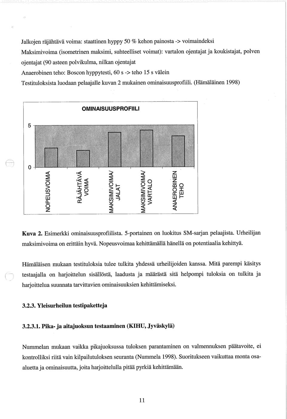 Esimerkki ominaisuusprofiilista. 5-portainen on luokitus SM-sarjan pelaajista. Urheilijan maksimivoima on erittäin hyvä. Nopeusvoimaa kehittämällä hänellä on potentiaalia kehittyä.