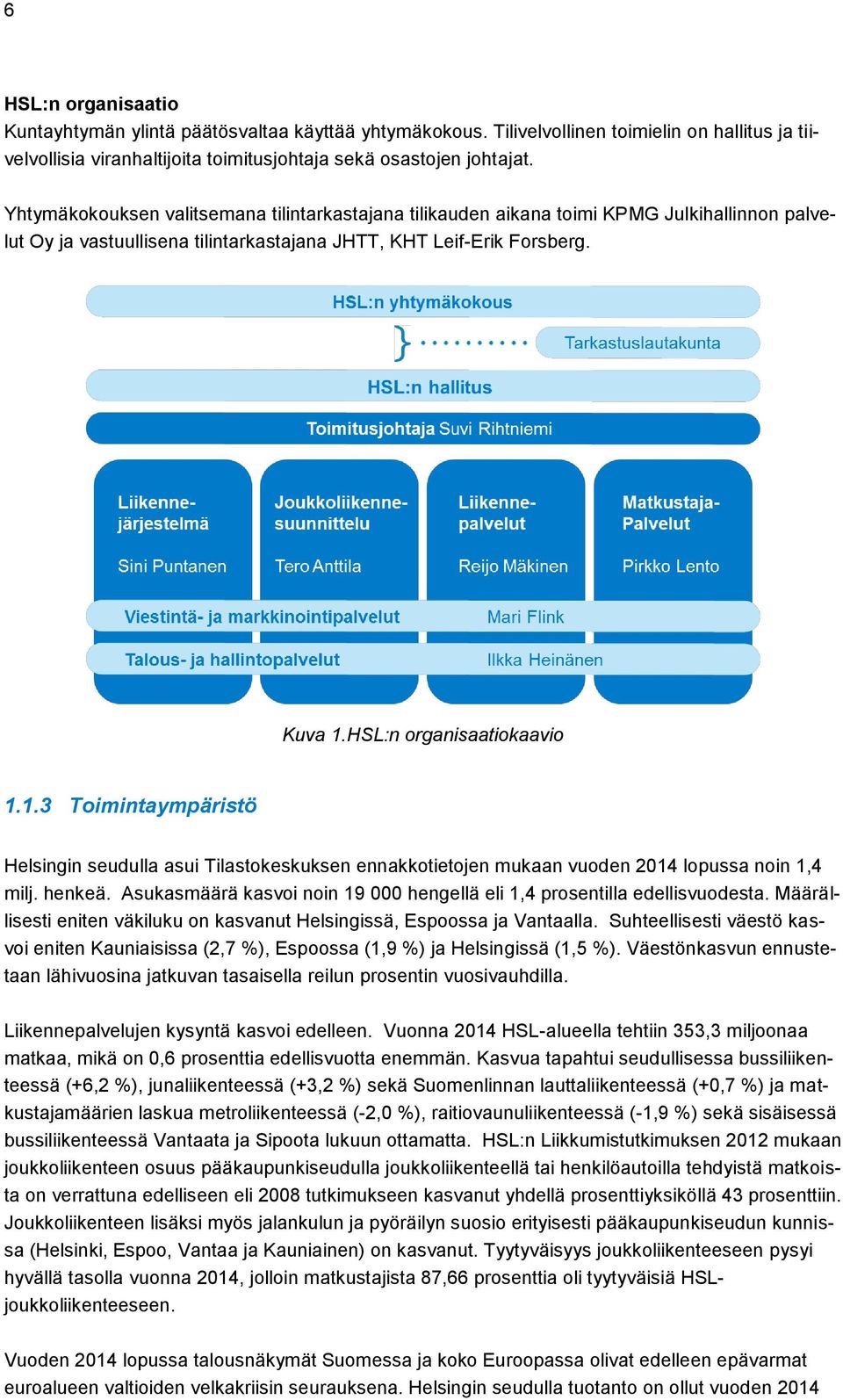 HSL:n organisaatiokaavio 1.1.3 Toimintaympäristö Helsingin seudulla asui Tilastokeskuksen ennakkotietojen mukaan vuoden 2014 lopussa noin 1,4 milj. henkeä.