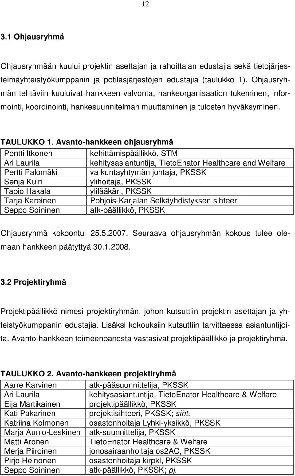 Avanto-hankkeen ohjausryhmä Pentti Itkonen kehittämispäällikkö, STM Ari Laurila kehitysasiantuntija, TietoEnator Healthcare and Welfare Pertti Palomäki va kuntayhtymän johtaja, PKSSK Senja Kuiri