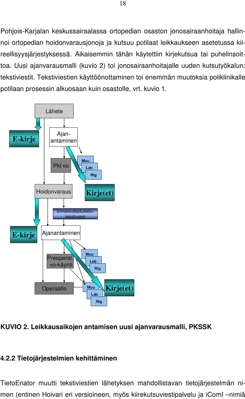 Tekstiviestien käyttöönottaminen toi enemmän muutoksia poliklinikalle potilaan prosessin alkuosaan kuin osastolle, vrt. kuvio 1. Lähete E-kirje Pkl vo Muu Lab.