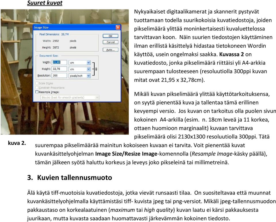 Kuvassa 2 on kuvatiedosto, jonka pikselimäärä riittäisi yli A4-arkkia suurempaan tulosteeseen (resoluutiolla 300ppi kuvan mitat ovat 21,95 x 32,78cm). kuva 2.