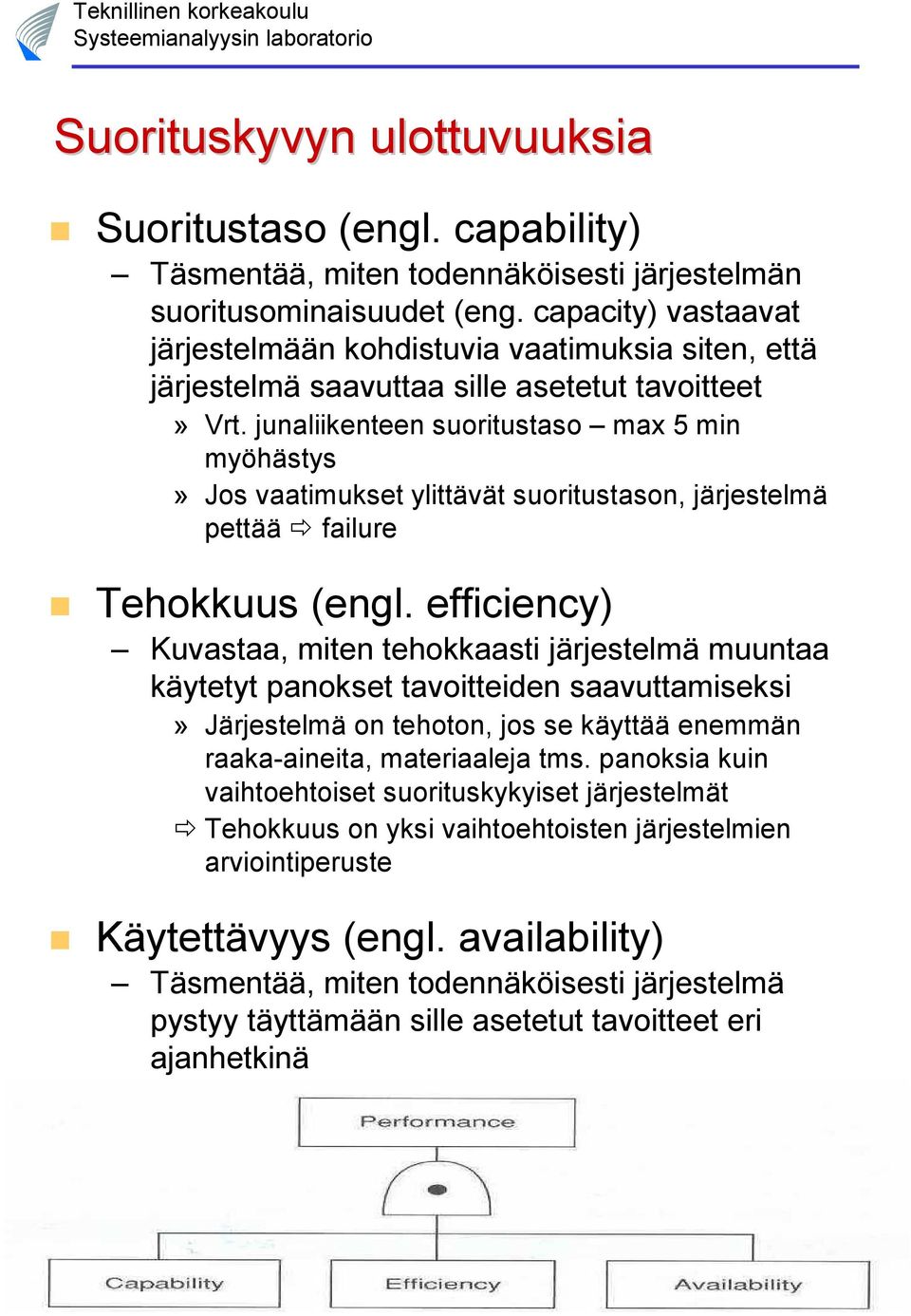 junaliikenteen suoritustaso max 5 min myöhästys» Jos vaatimukset ylittävät suoritustason, järjestelmä pettää failure Tehokkuus (engl.