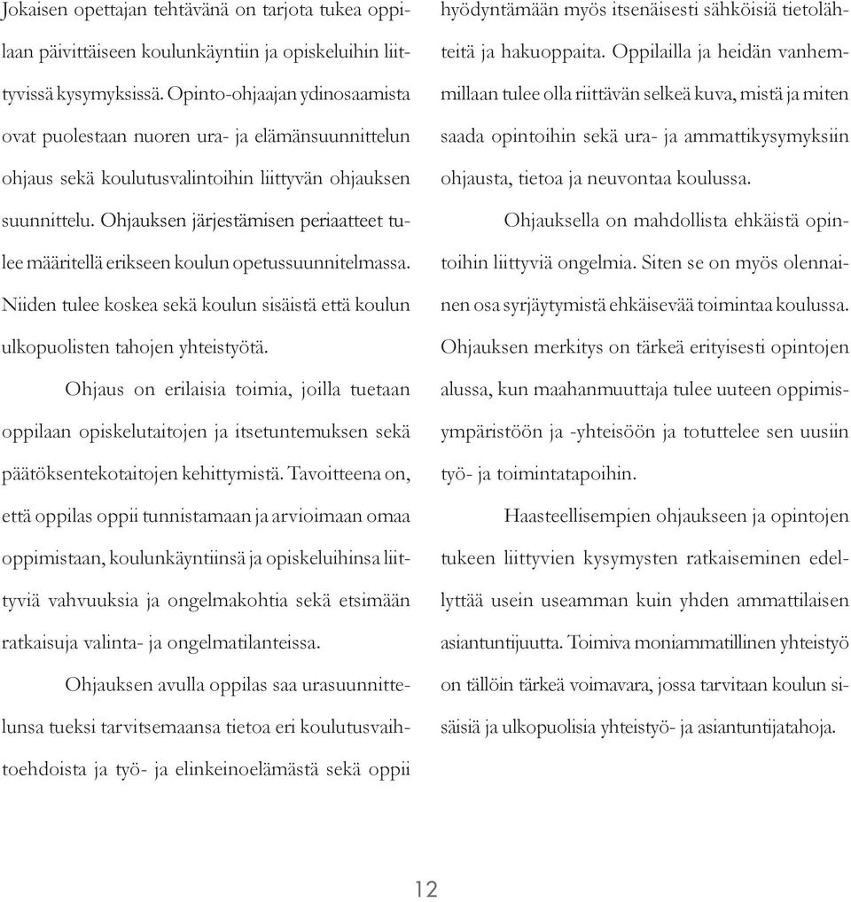 Ohjauksen järjestämisen periaatteet tulee määritellä erikseen koulun opetussuunnitelmassa. Niiden tulee koskea sekä koulun sisäistä että koulun ulkopuolisten tahojen yhteistyötä.