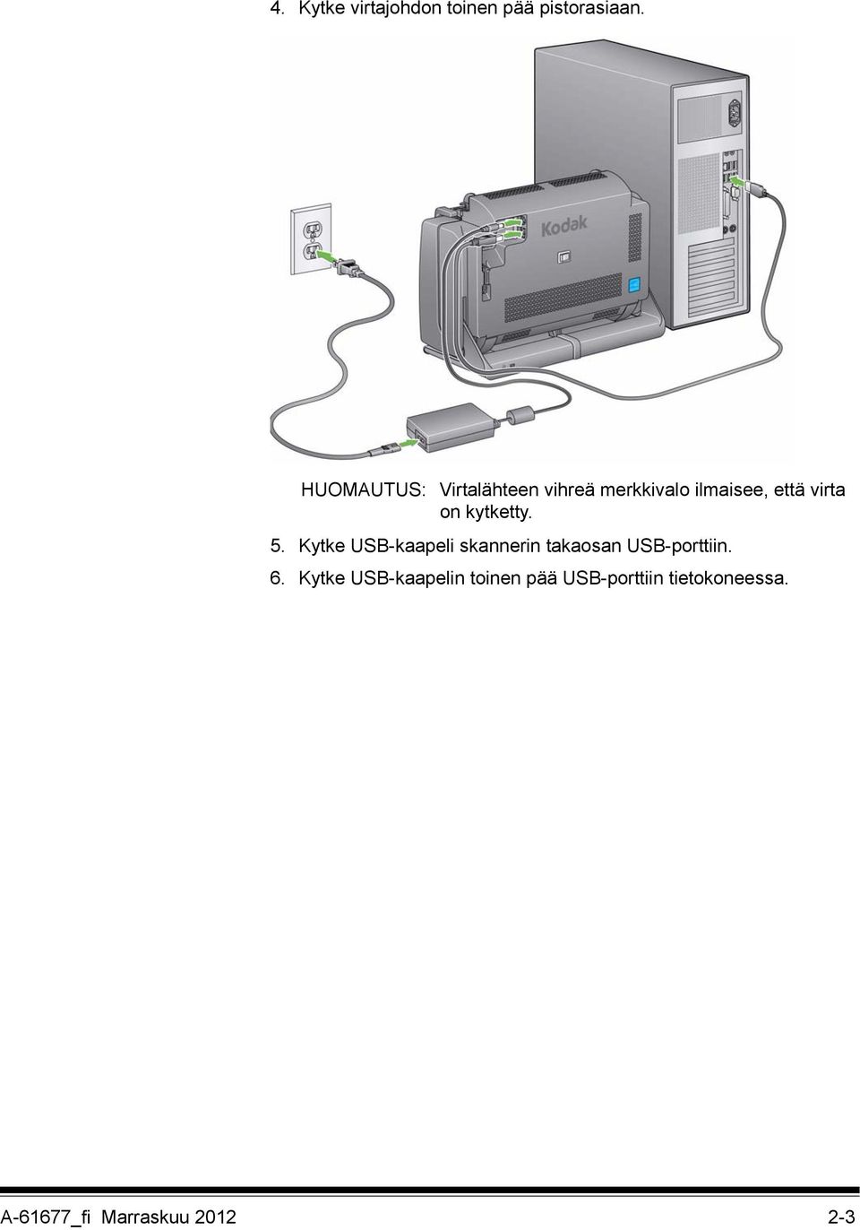 kytketty. 5. Kytke USB-kaapeli skannerin takaosan USB-porttiin. 6.