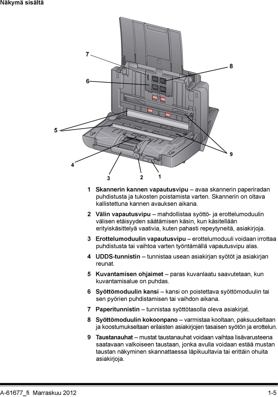 3 Erottelumoduulin vapautusvipu erottelumoduuli voidaan irrottaa puhdistusta tai vaihtoa varten työntämällä vapautusvipu alas. 4 UDDS-tunnistin tunnistaa usean asiakirjan syötöt ja asiakirjan reunat.