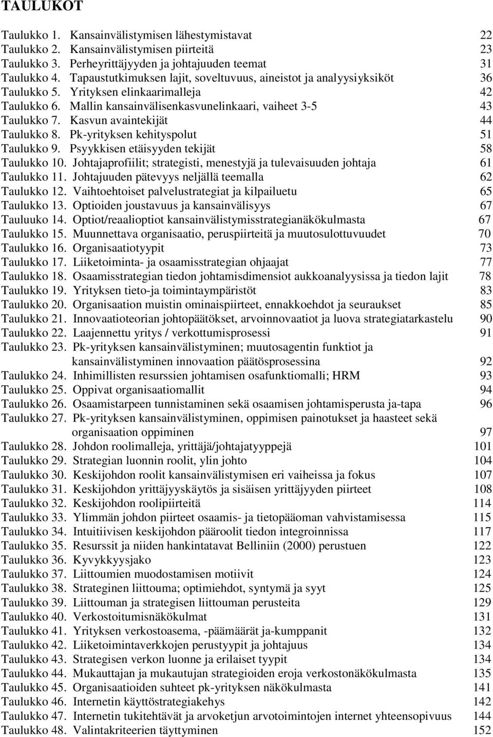 Kasvun avaintekijät 44 Taulukko 8. Pk-yrityksen kehityspolut 51 Taulukko 9. Psyykkisen etäisyyden tekijät 58 Taulukko 10.