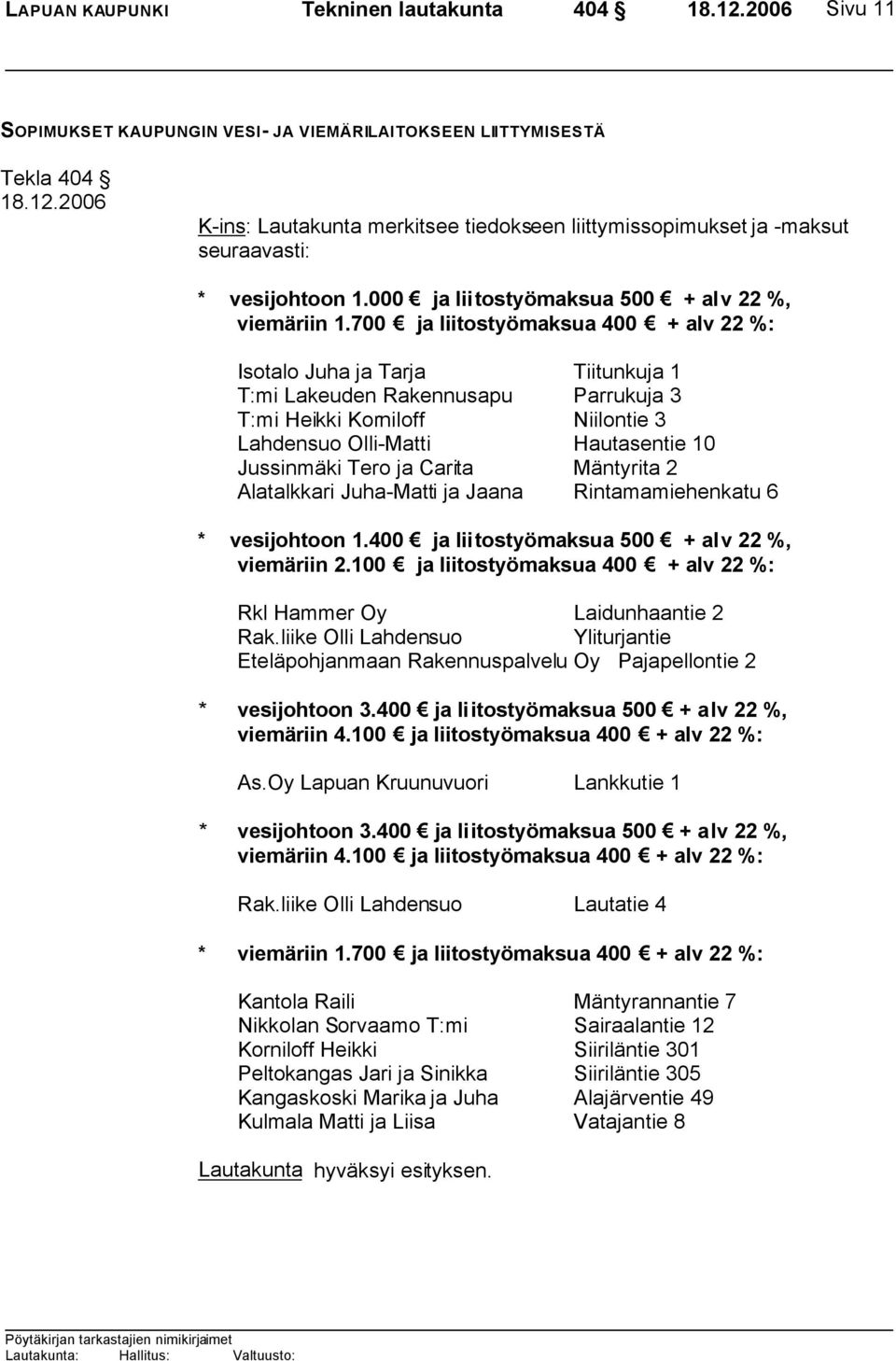 700 ja liitostyömaksua 400 + alv 22 %: Isotalo Juha ja Tarja Tiitunkuja 1 T:mi Lakeuden Rakennusapu Parrukuja 3 T:mi Heikki Korniloff Niilontie 3 Lahdensuo Olli-Matti Hautasentie 10 Jussinmäki Tero