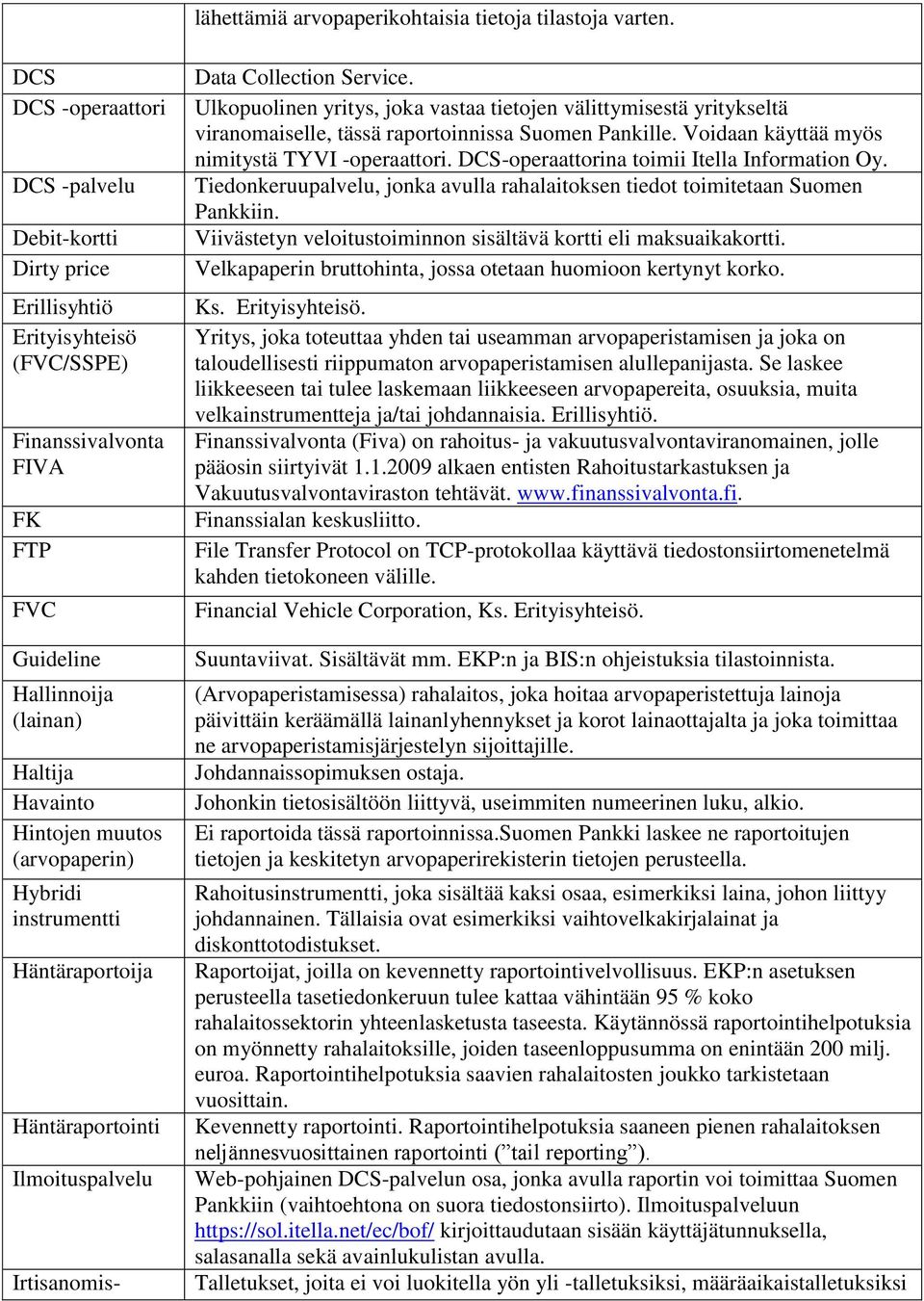 (arvopaperin) Hybridi instrumentti Häntäraportoija Häntäraportointi Ilmoituspalvelu Irtisanomis- Data Collection Service.