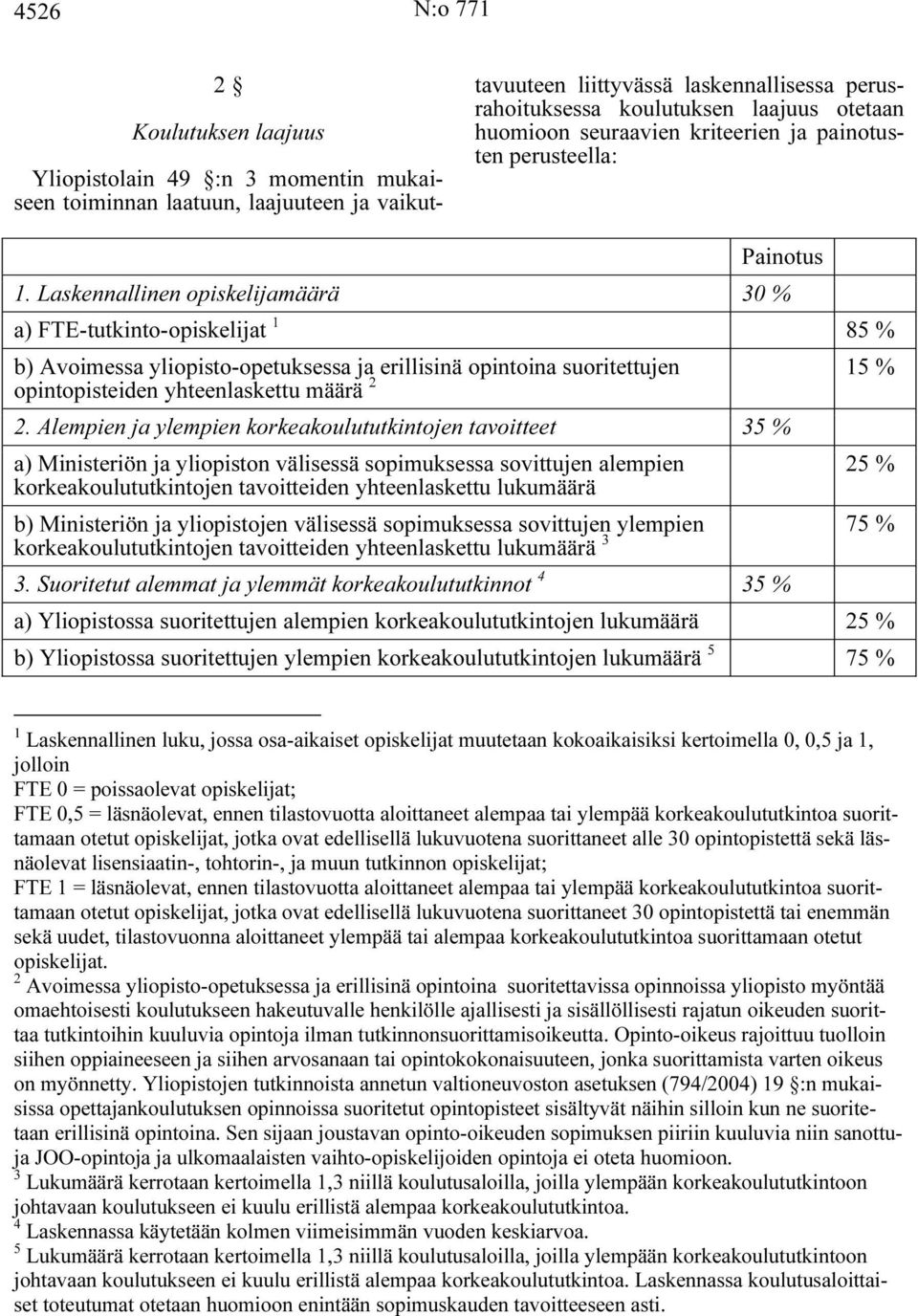 Laskennallinen opiskelijamäärä 30 % a) FTE-tutkinto-opiskelijat 1 85 % b) Avoimessa yliopisto-opetuksessa ja erillisinä opintoina suoritettujen opintopisteiden yhteenlaskettu määrä 2 15 % 2.