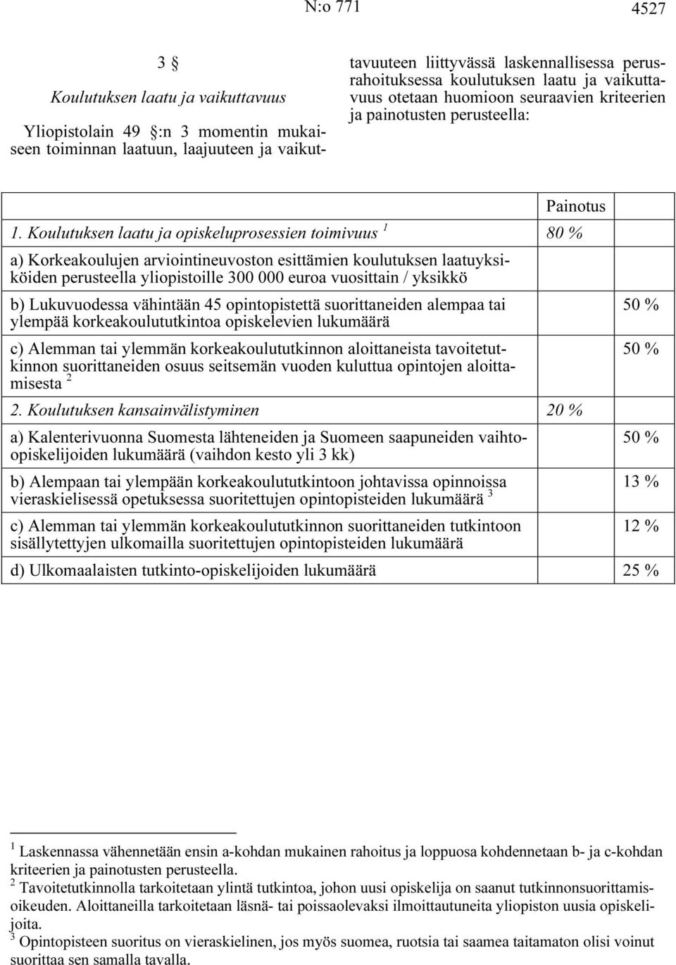 Koulutuksen laatu ja opiskeluprosessien toimivuus 1 80 % a) Korkeakoulujen arviointineuvoston esittämien koulutuksen laatuyksiköiden perusteella yliopistoille 300 000 euroa vuosittain / yksikkö b)