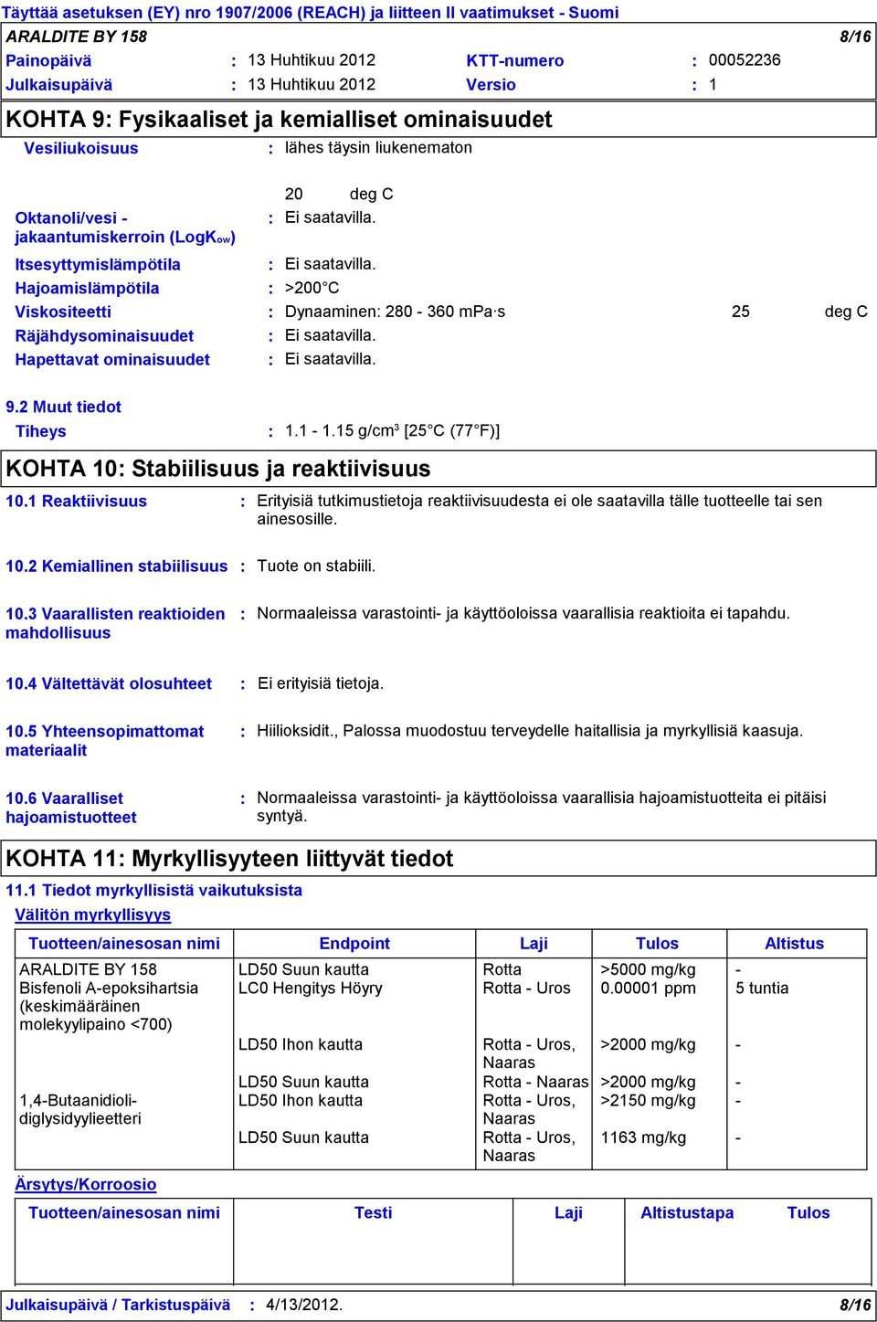 15 g/cm 3 [25 C (77 F)] KOHTA 10 Stabiilisuus ja reaktiivisuus 10.1 Reaktiivisuus Erityisiä tutkimustietoja reaktiivisuudesta ei ole saatavilla tälle tuotteelle tai sen ainesosille. 10.2 Kemiallinen stabiilisuus Tuote on stabiili.