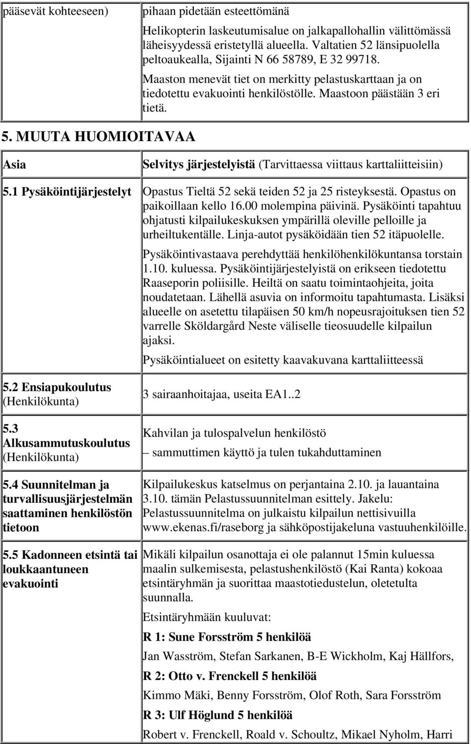 5. MUUTA HUOMIOITAVAA Asia Selvitys järjestelyistä (Tarvittaessa viittaus karttaliitteisiin) 5.1 Pysäköintijärjestelyt Opastus Tieltä 52 sekä teiden 52 ja 25 risteyksestä.