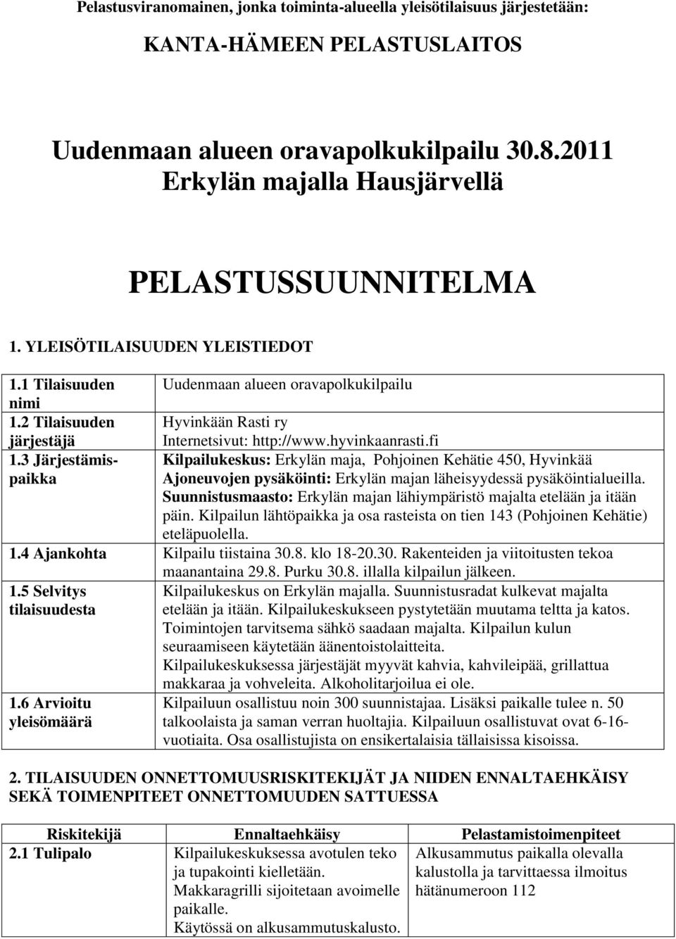 2 Tilaisuuden Hyvinkään Rasti ry järjestäjä Internetsivut: http://www.hyvinkaanrasti.fi 1.3 Järjestämispaikka Ajoneuvojen pysäköinti: Erkylän majan läheisyydessä pysäköintialueilla.