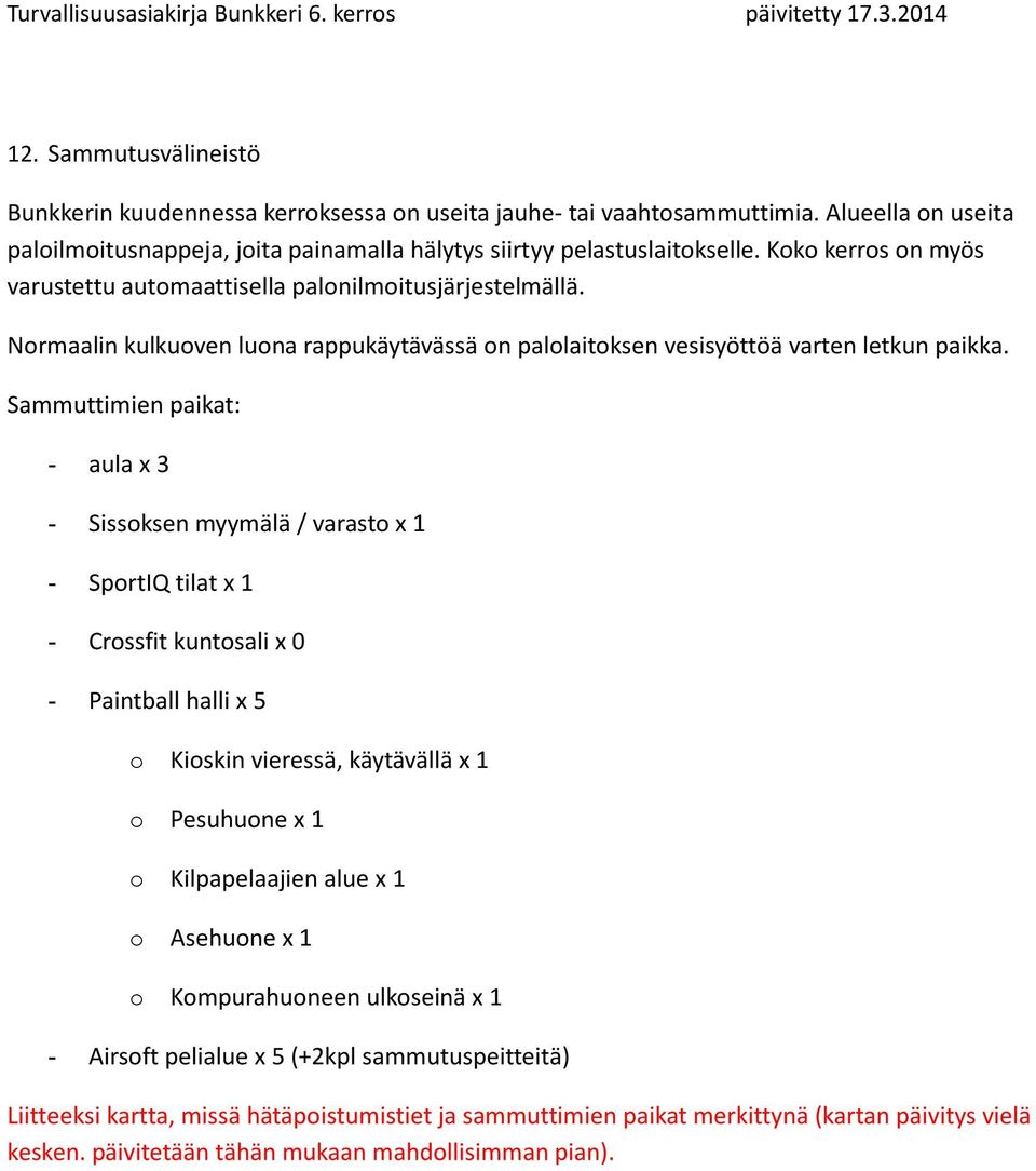 Sammuttimien paikat: - aula x 3 - Sissoksen myymälä / varasto x 1 - SportIQ tilat x 1 - Crossfit kuntosali x 0 - Paintball halli x 5 o Kioskin vieressä, käytävällä x 1 o Pesuhuone x 1 o