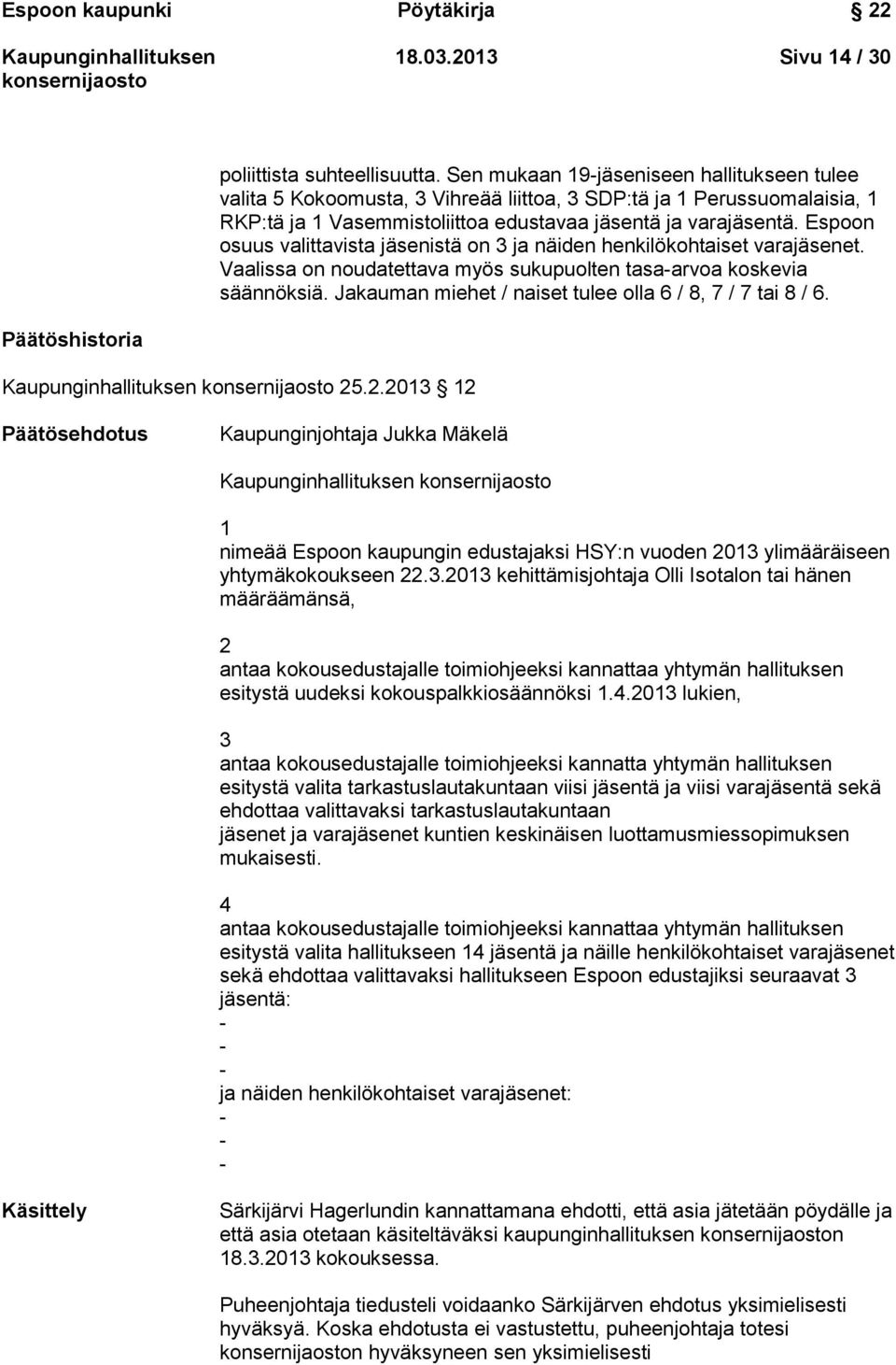 Espoon osuus valittavista jäsenistä on 3 ja näiden henkilökohtaiset et. Vaalissa on noudatettava myös sukupuolten tasa-arvoa koskevia säännöksiä.