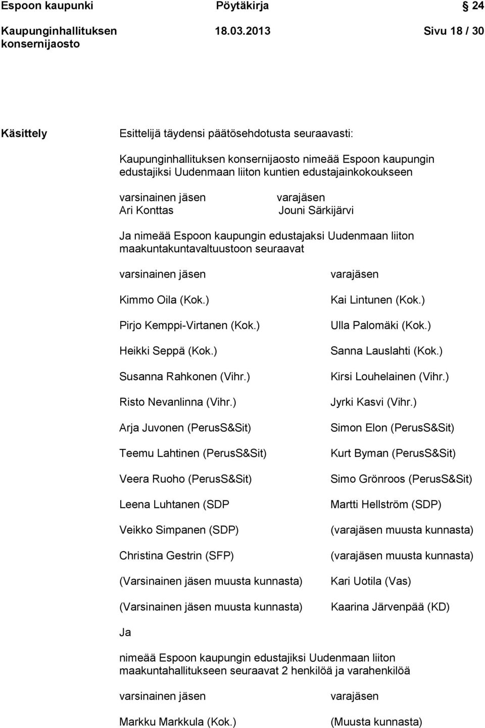 Särkijärvi Ja nimeää Espoon kaupungin edustajaksi Uudenmaan liiton maakuntakuntavaltuustoon seuraavat varsinainen jäsen Kimmo Oila (Kok.) Pirjo Kemppi-Virtanen (Kok.) Heikki Seppä (Kok.