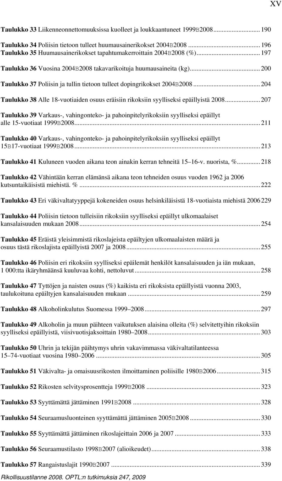 .. 200 Taulukko 37 Poliisin ja tullin tietoon tulleet dopingrikokset 2004B2008... 204 Taulukko 38 Alle 18-vuotiaiden osuus eräisiin rikoksiin syylliseksi epäillyistä 2008.