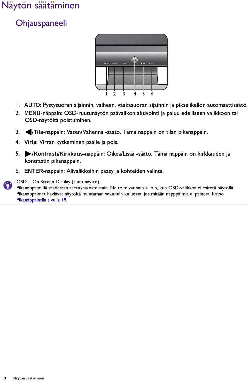 Tämä näppäin on kirkkauden ja kontrastin pikanäppäin. 6. ENTER-näppäin: Alivalikkoihin pääsy ja kohteiden valinta. OSD = On Screen Display (ruutunäyttö).