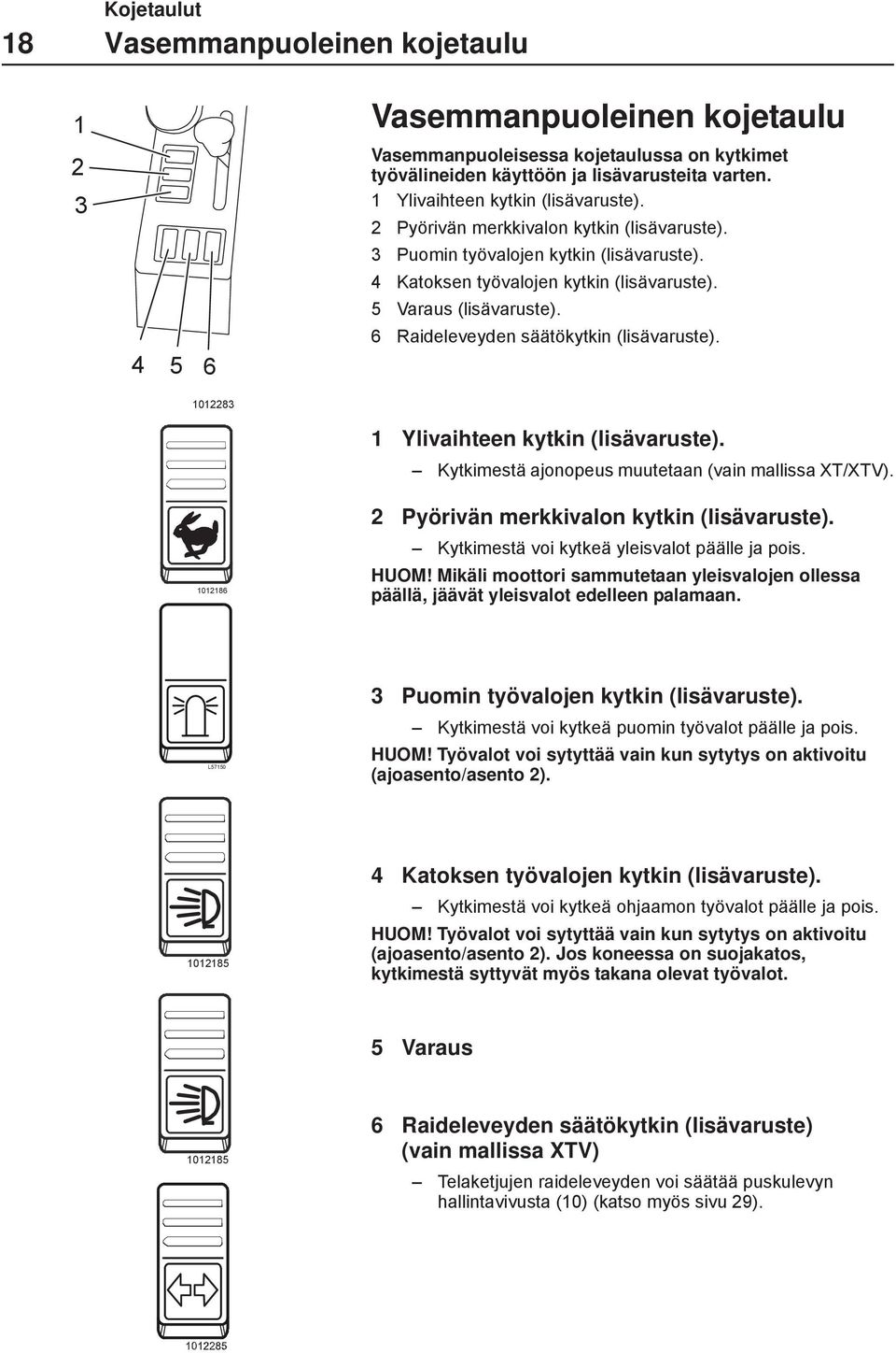 6 Raideleveyden säätökytkin (lisävaruste). 1012283 1012186 1 Ylivaihteen kytkin (lisävaruste). Kytkimestä ajonopeus muutetaan (vain mallissa XT/XTV). 2 Pyörivän merkkivalon kytkin (lisävaruste).