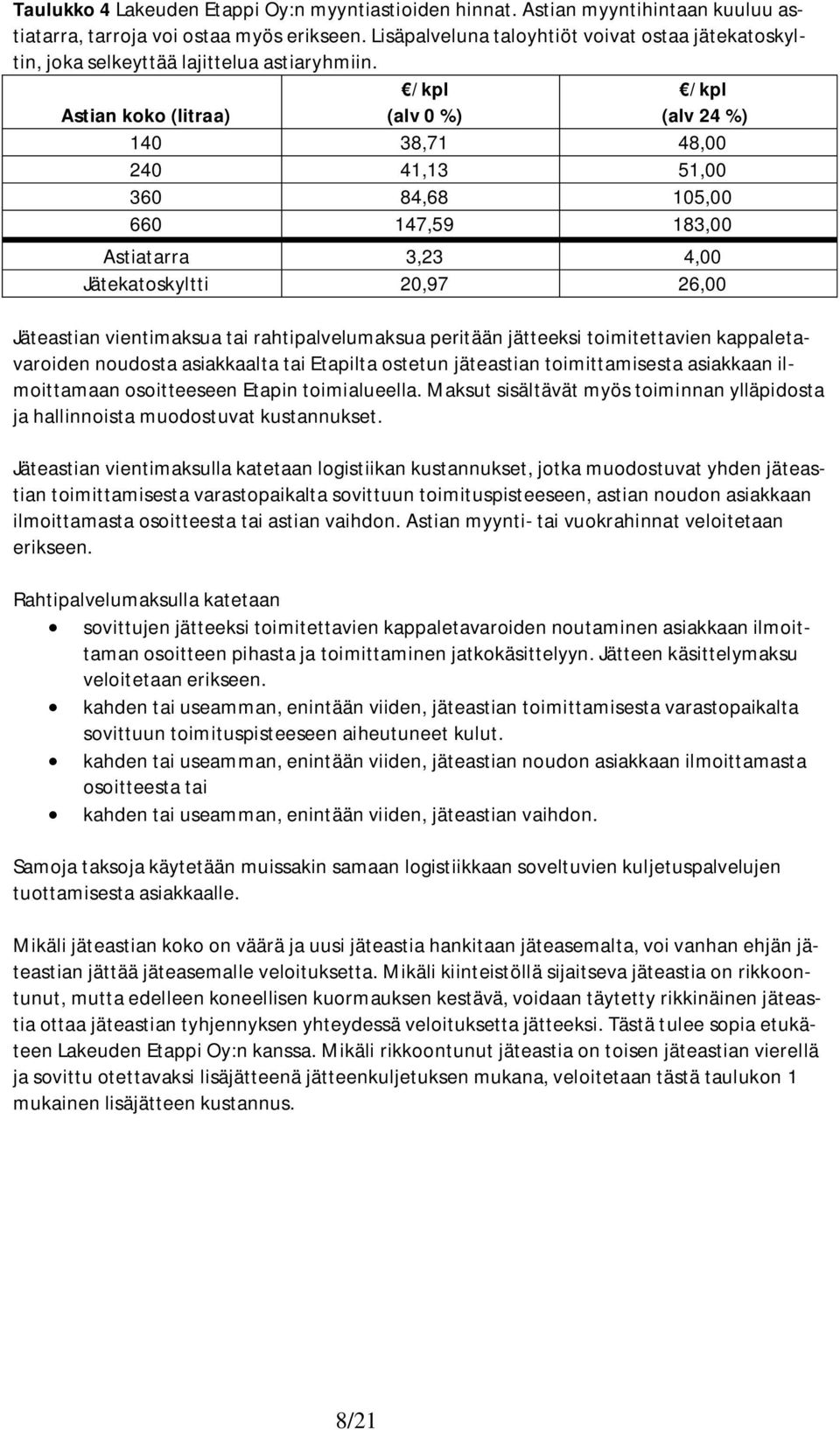 Astian koko (litraa) /kpl /kpl 140 38,71 48,00 240 41,13 51,00 360 84,68 105,00 660 147,59 183,00 Astiatarra 3,23 4,00 Jätekatoskyltti 20,97 26,00 Jäteastian vientimaksua tai rahtipalvelumaksua