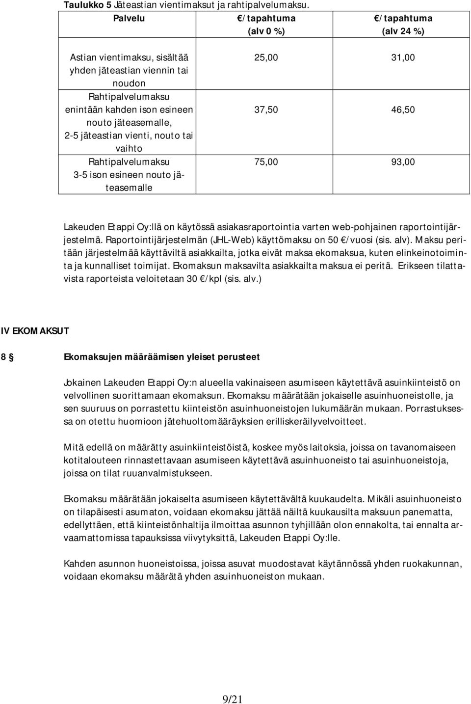 vaihto Rahtipalvelumaksu 3-5 ison esineen nouto jäteasemalle 25,00 31,00 37,50 46,50 75,00 93,00 Lakeuden Etappi Oy:llä on käytössä asiakasraportointia varten web-pohjainen raportointijärjestelmä.