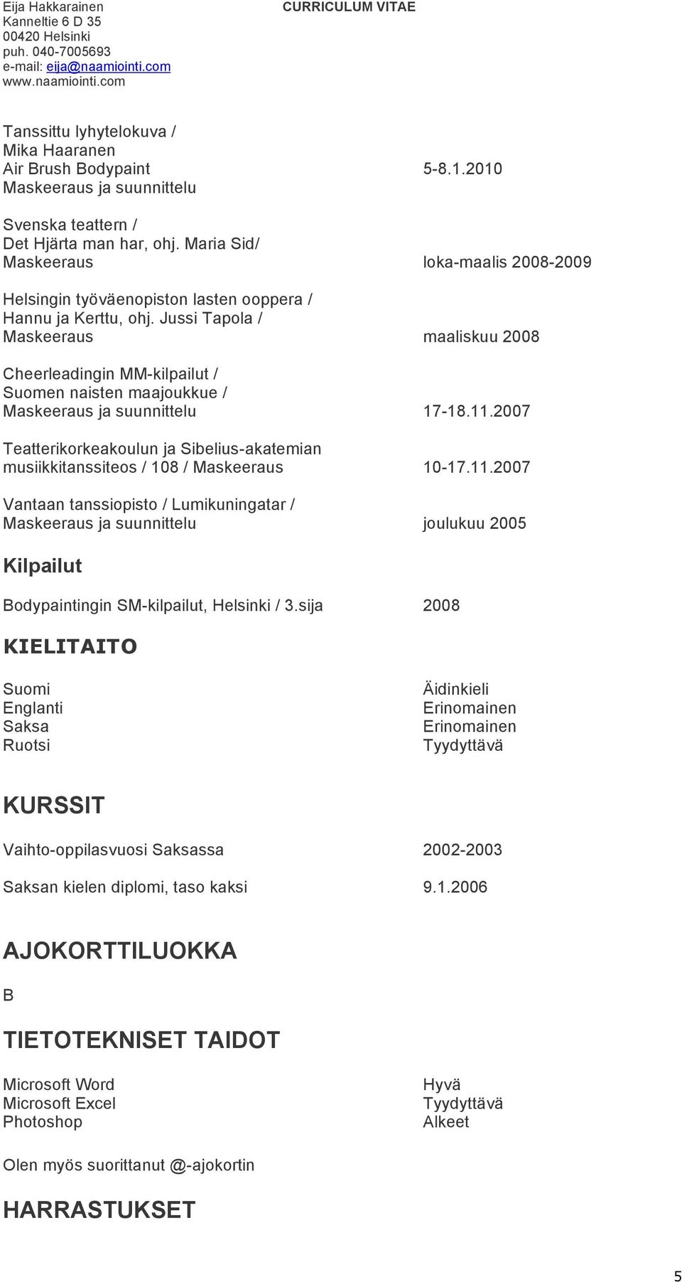 Jussi Tapola / Maskeeraus maaliskuu 2008 Cheerleadingin MM-kilpailut / Suomen naisten maajoukkue / Maskeeraus ja suunnittelu 17-18.11.