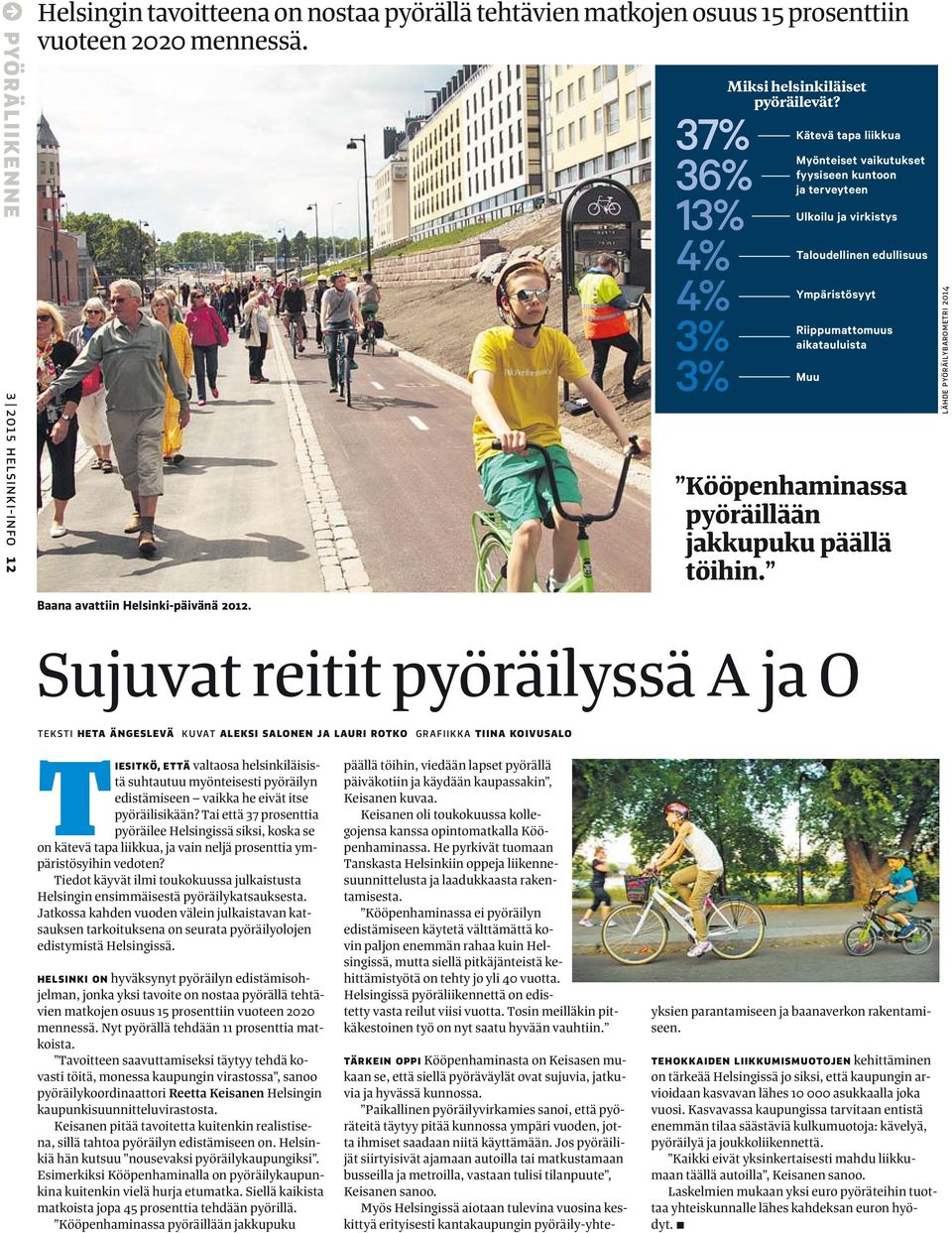 Riippumattomuus aikatauluista Muu Riippumattomuus aikatauluista Muu Kööpenhaminassa pyöräillään jakkupuku päällä töihin. LÄHDE PYÖRÄILYBAROMETRI 2014 Baana avattiin Helsinki-päivänä 2012.