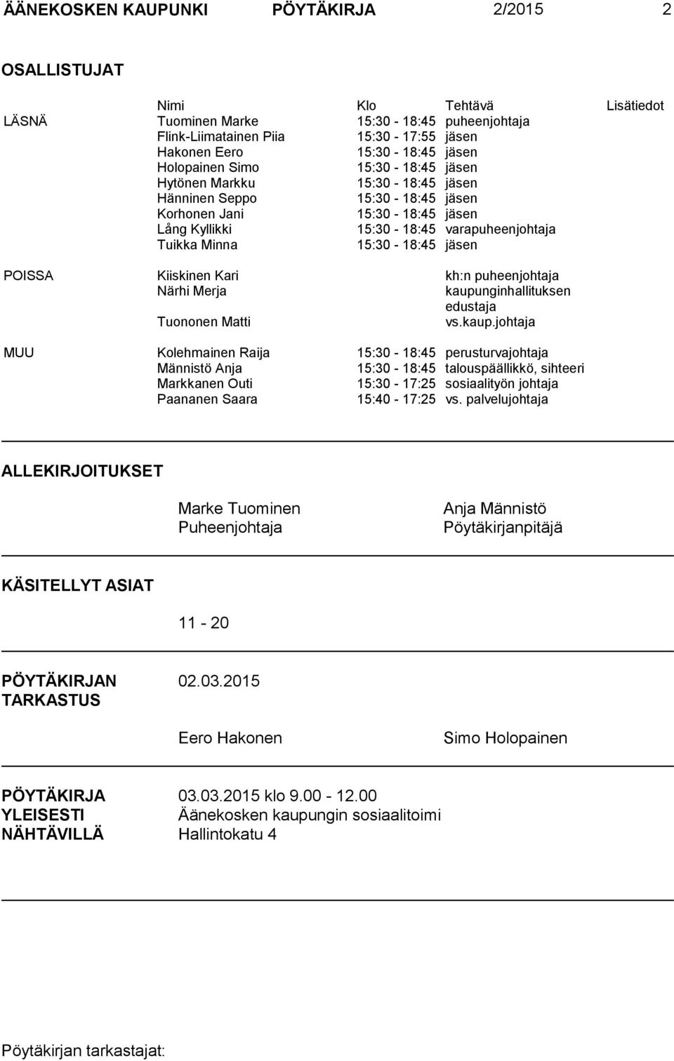 15:30-18:45 jäsen POISSA Kiiskinen Kari kh:n puheenjohtaja Närhi Merja kaupu