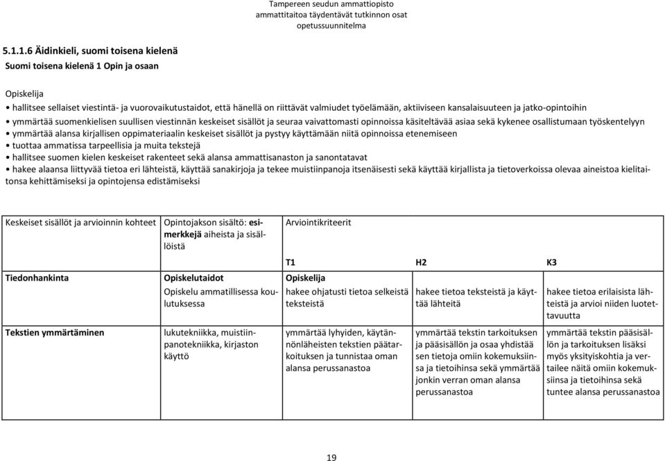 ymmärtää alansa kirjallisen oppimateriaalin keskeiset sisällöt ja pystyy käyttämään niitä opinnoissa etenemiseen tuottaa ammatissa tarpeellisia ja muita tekstejä hallitsee suomen kielen keskeiset