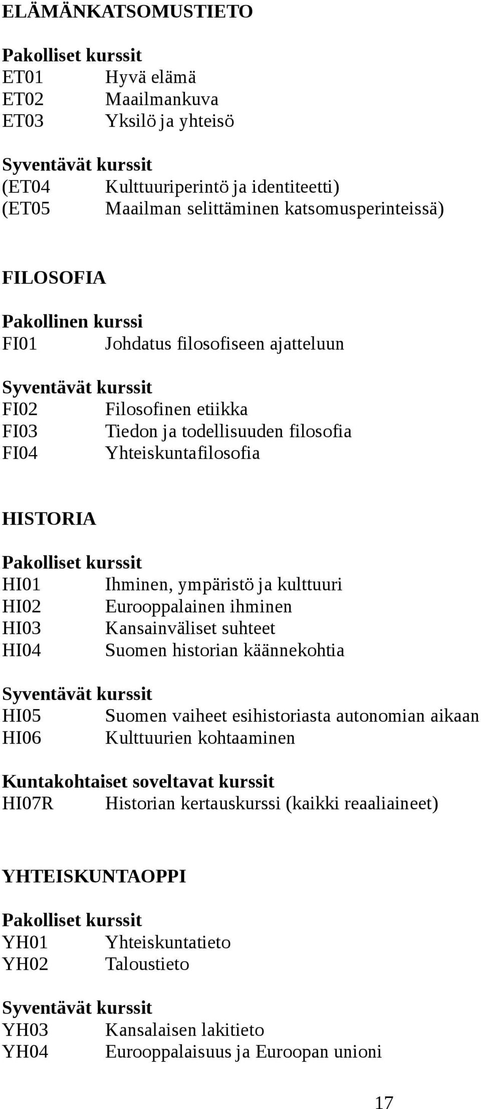 Eurooppalainen ihminen HI03 Kansainväliset suhteet HI04 Suomen historian käännekohtia HI05 Suomen vaiheet esihistoriasta autonomian aikaan HI06 Kulttuurien kohtaaminen Kuntakohtaiset