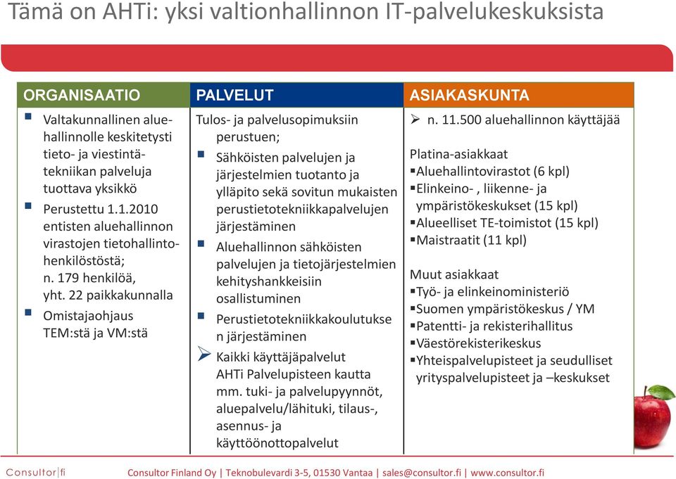 22 paikkakunnalla Omistajaohjaus TEM:stä ja VM:stä Tulos- ja palvelusopimuksiin perustuen; Sähköisten palvelujen ja järjestelmien tuotanto ja ylläpito sekä sovitun mukaisten