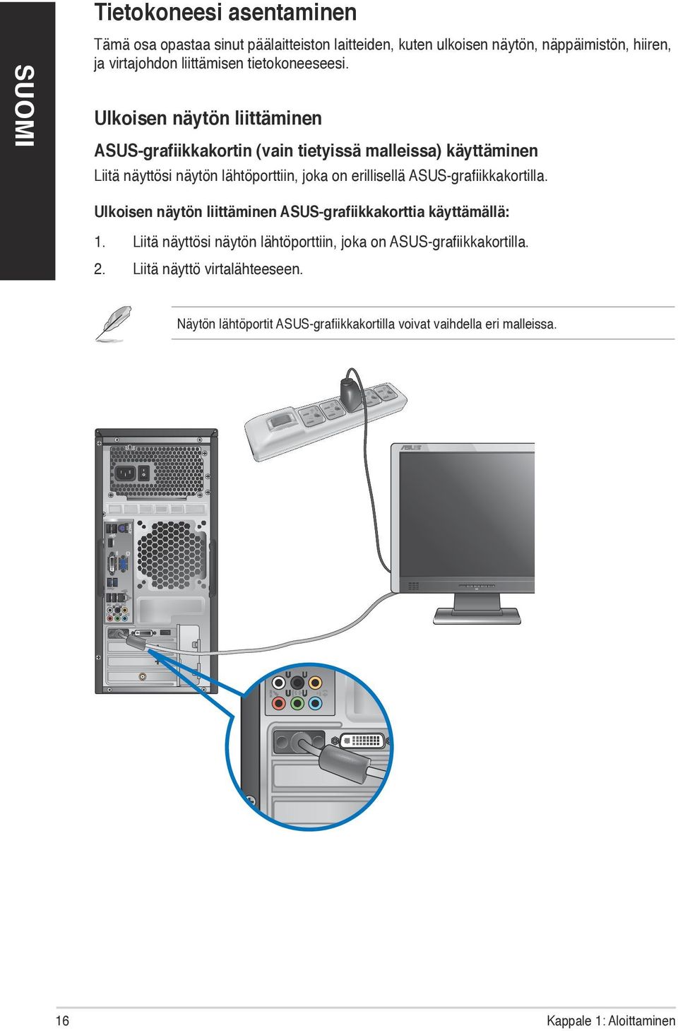 Ulkoisen näytön liittäminen ASUS-grafiikkakortin (vain tietyissä malleissa) käyttäminen Liitä näyttösi näytön lähtöporttiin, joka on erillisellä