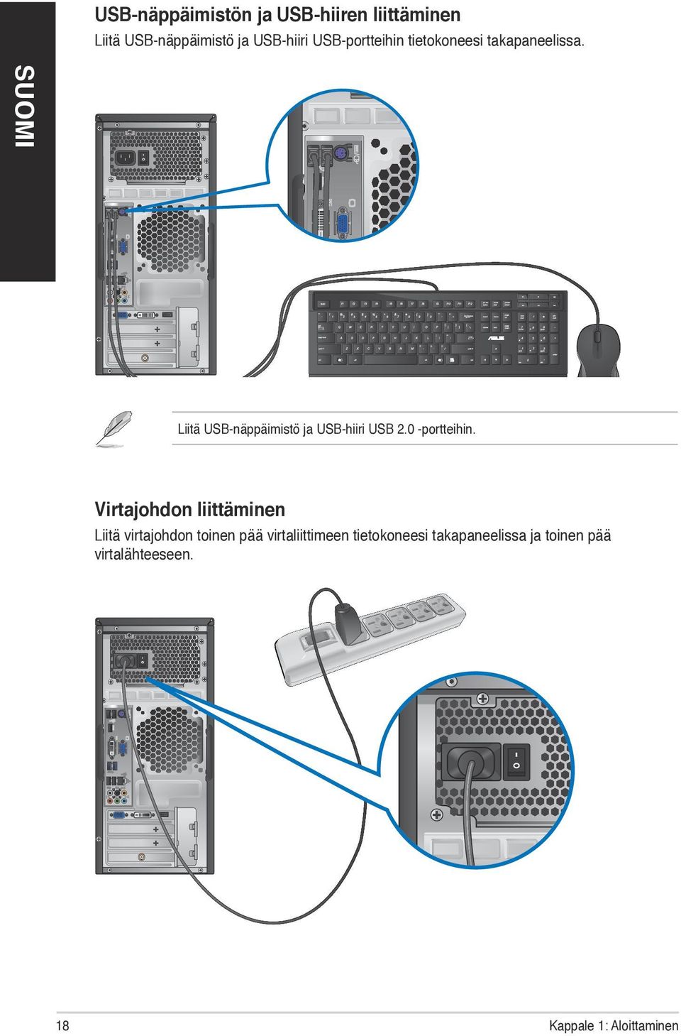 Liitä USB-näppäimistö ja USB-hiiri USB 2.0 -portteihin.