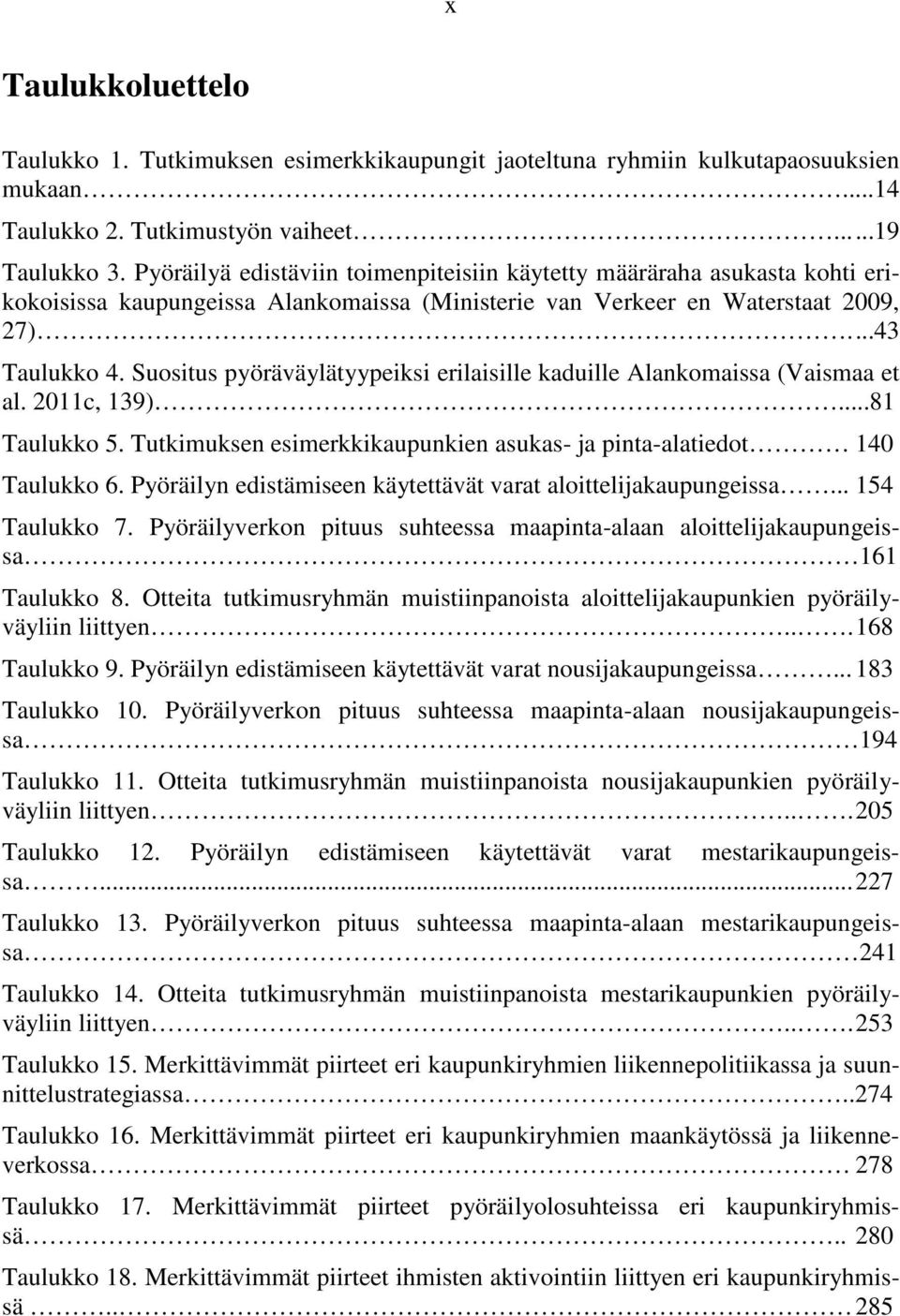 Suositus pyöräväylätyypeiksi erilaisille kaduille Alankomaissa (Vaismaa et al. 2011c, 139)...81 Taulukko 5. Tutkimuksen esimerkkikaupunkien asukas- ja pinta-alatiedot 140 Taulukko 6.