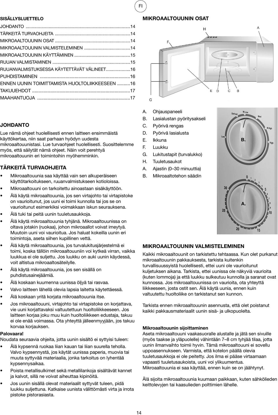 ..17 MIKROAALTOUUNIN OSAT JOHDANTO Lue nämä ohjeet huolellisesti ennen laitteen ensimmäistä käyttökertaa, niin saat parhaan hyödyn uudesta mikroaaltouunistasi. Lue turvaohjeet huolellisesti.