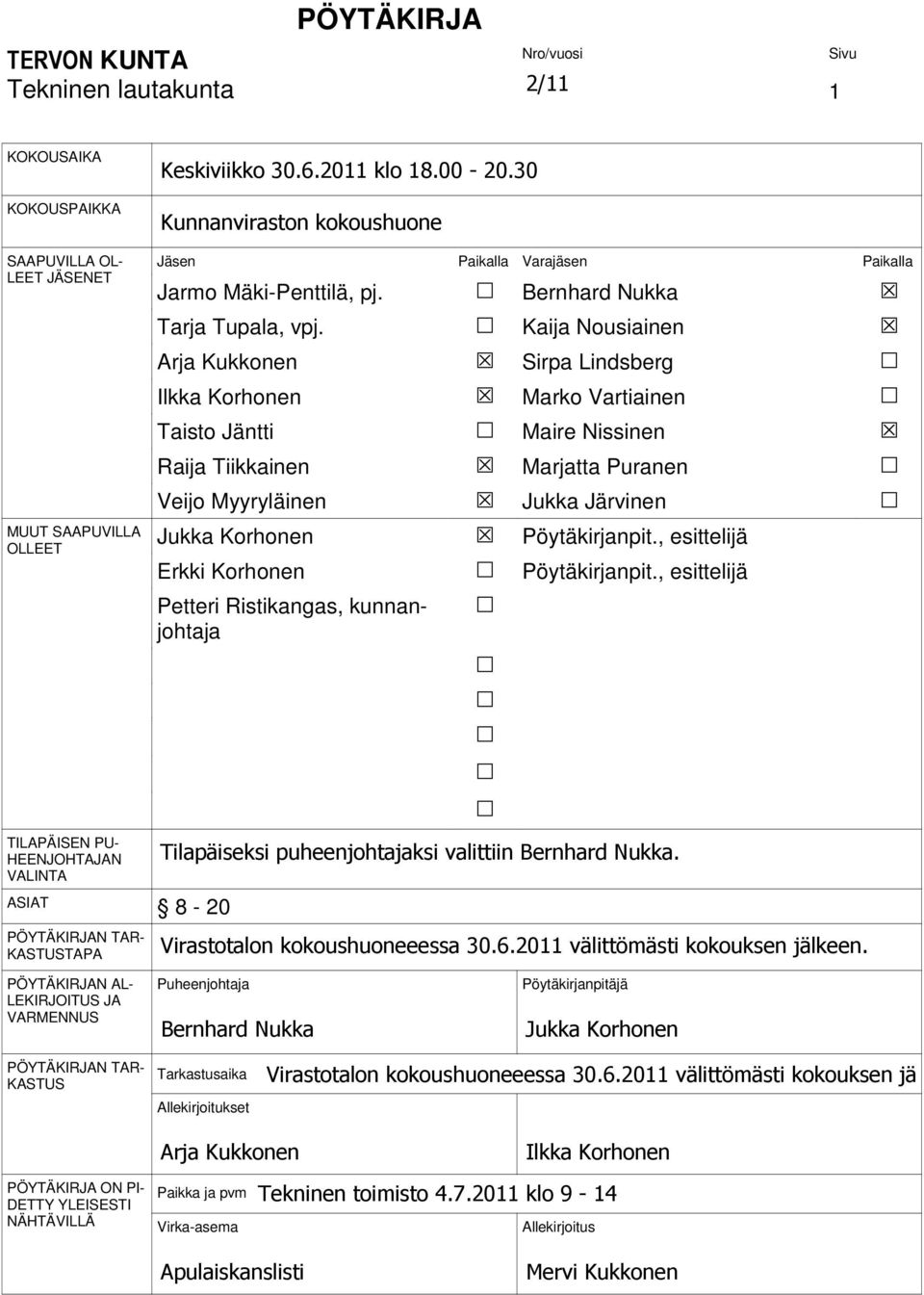 Arja Kukkonen Ilkka Korhonen Taisto Jäntti Raija Tiikkainen Veijo Myyryläinen Jukka Korhonen Erkki Korhonen Petteri Ristikangas, kunnanjohtaja Bernhard Nukka Kaija Nousiainen Sirpa Lindsberg Marko