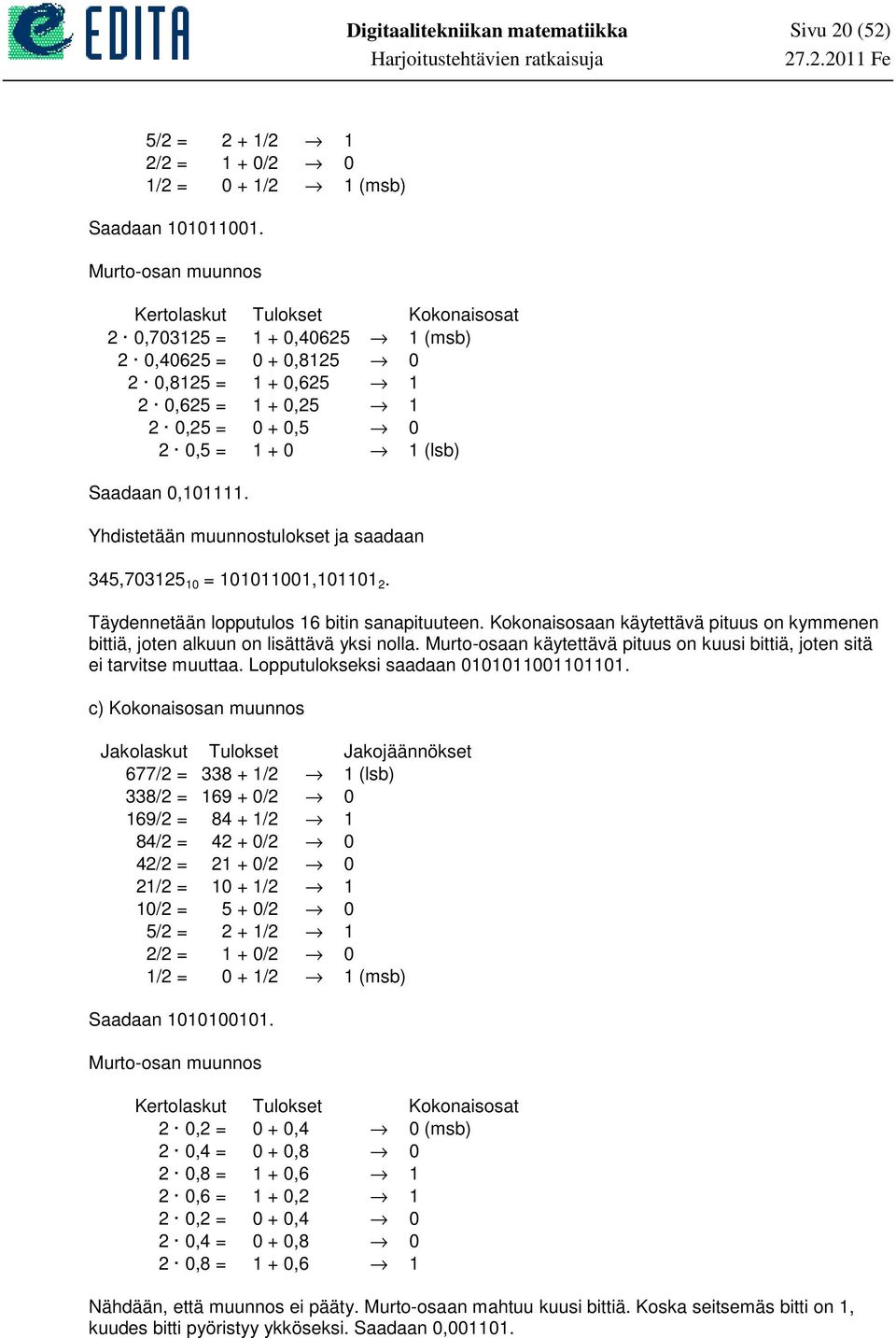 Yhdistetään muunnostulokset ja saadaan 345,7325 =, 2. Täydennetään lopputulos 6 bitin sanapituuteen. Kokonaisosaan käytettävä pituus on kymmenen bittiä, joten alkuun on lisättävä yksi nolla.