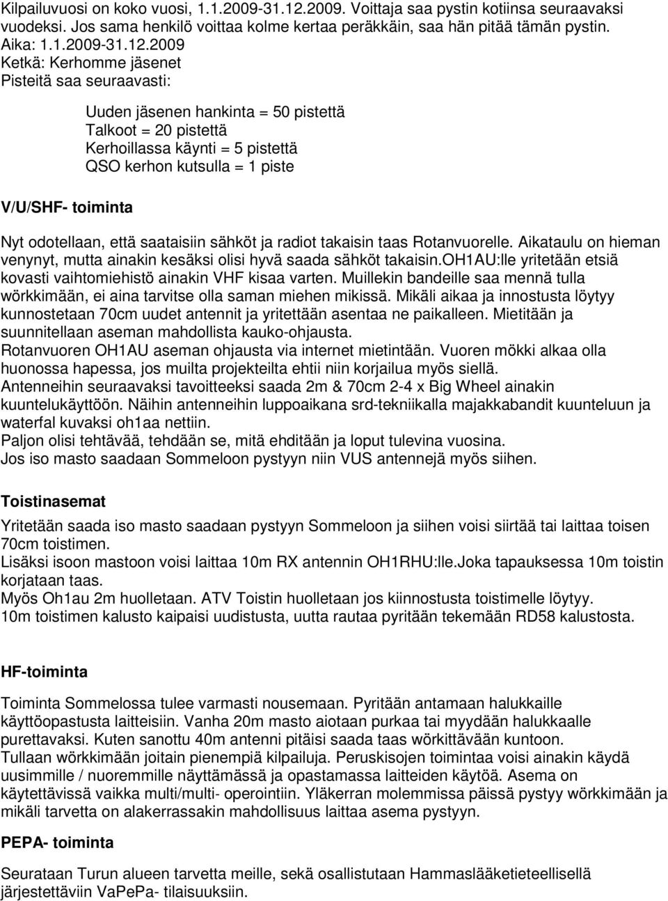 2009 Ketkä: Kerhomme jäsenet Pisteitä saa seuraavasti: V/U/SHF- toiminta Uuden jäsenen hankinta = 50 pistettä Talkoot = 20 pistettä Kerhoillassa käynti = 5 pistettä QSO kerhon kutsulla = 1 piste Nyt