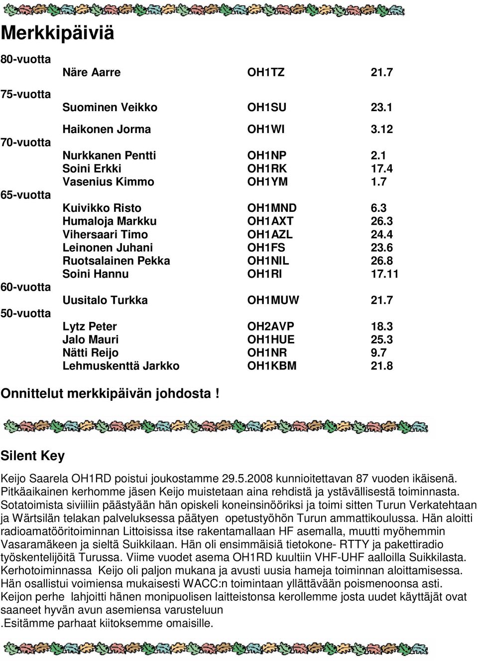 11 Uusitalo Turkka OH1MUW 21.7 Lytz Peter OH2AVP 18.3 Jalo Mauri OH1HUE 25.3 Nätti Reijo OH1NR 9.7 Lehmuskenttä Jarkko OH1KBM 21.8 Onnittelut merkkipäivän johdosta!