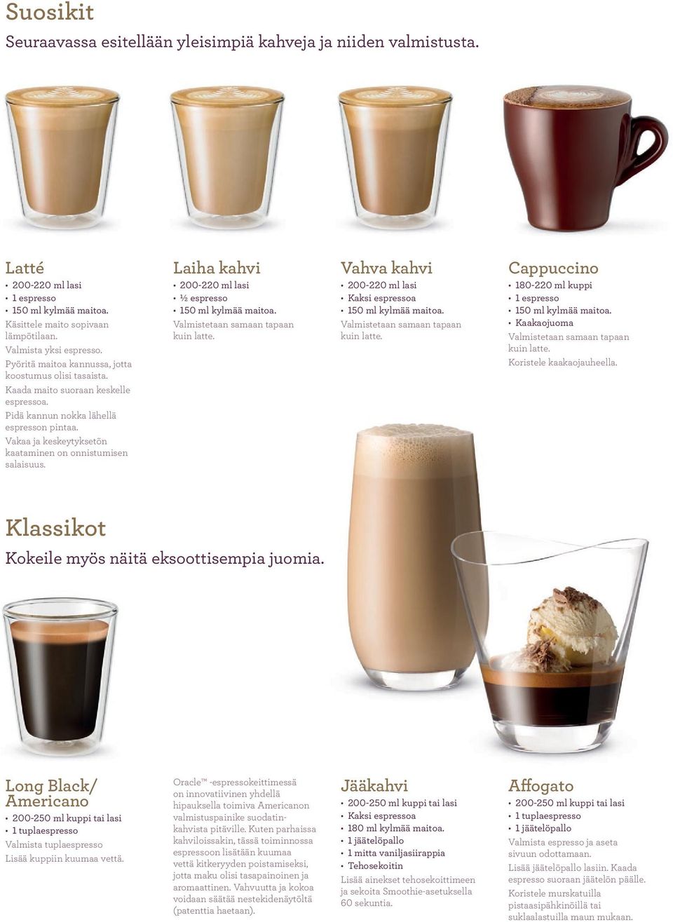 Vakaa ja keskeytyksetön kaataminen on onnistumisen salaisuus. Laiha kahvi 200-220 ml lasi ½ espresso 150 ml kylmää maitoa. Valmistetaan samaan tapaan kuin latte.