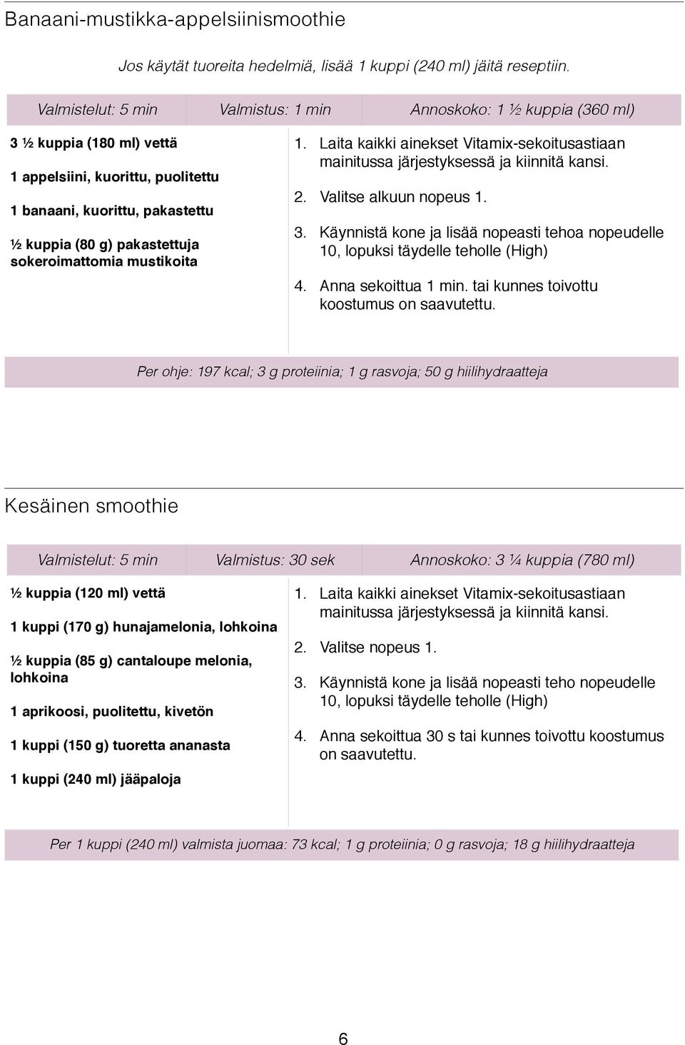 sokeroimattomia mustikoita 1. Laita kaikki ainekset Vitamix-sekoitusastiaan mainitussa järjestyksessä ja kiinnitä kansi. 2. Valitse alkuun nopeus 1. 10, lopuksi täydelle teholle (High) 4.