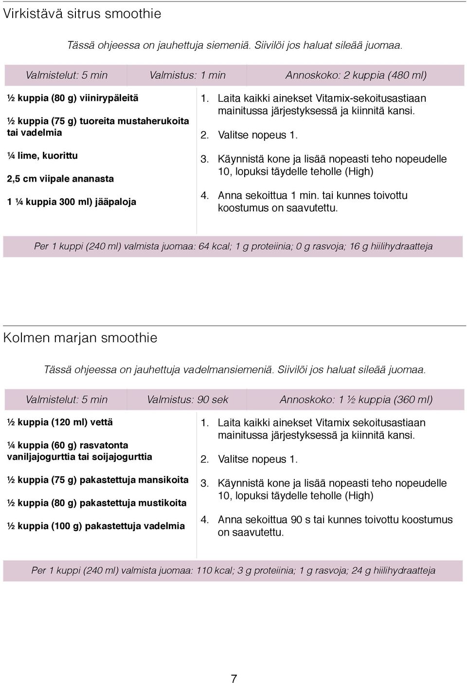 kuppia 300 ml) jääpaloja" 1. Laita kaikki ainekset Vitamix-sekoitusastiaan mainitussa järjestyksessä ja kiinnitä kansi. 2. Valitse nopeus 1. 3. Käynnistä kone ja lisää nopeasti teho nopeudelle 10, lopuksi täydelle teholle (High) 4.