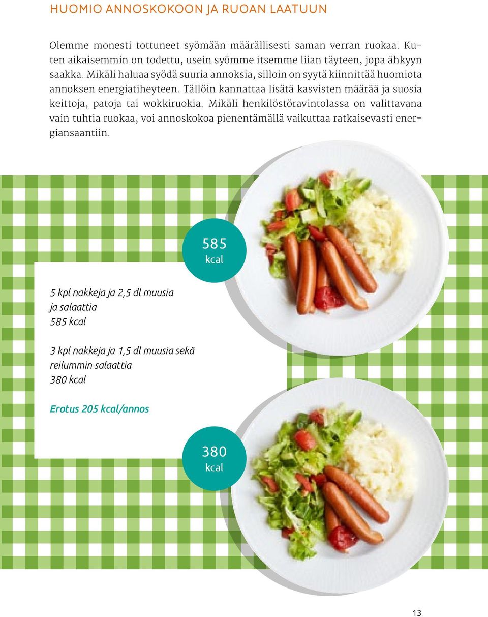 Mikäli haluaa syödä suuria annoksia, silloin on syytä kiinnittää huomiota annoksen energiatiheyteen.