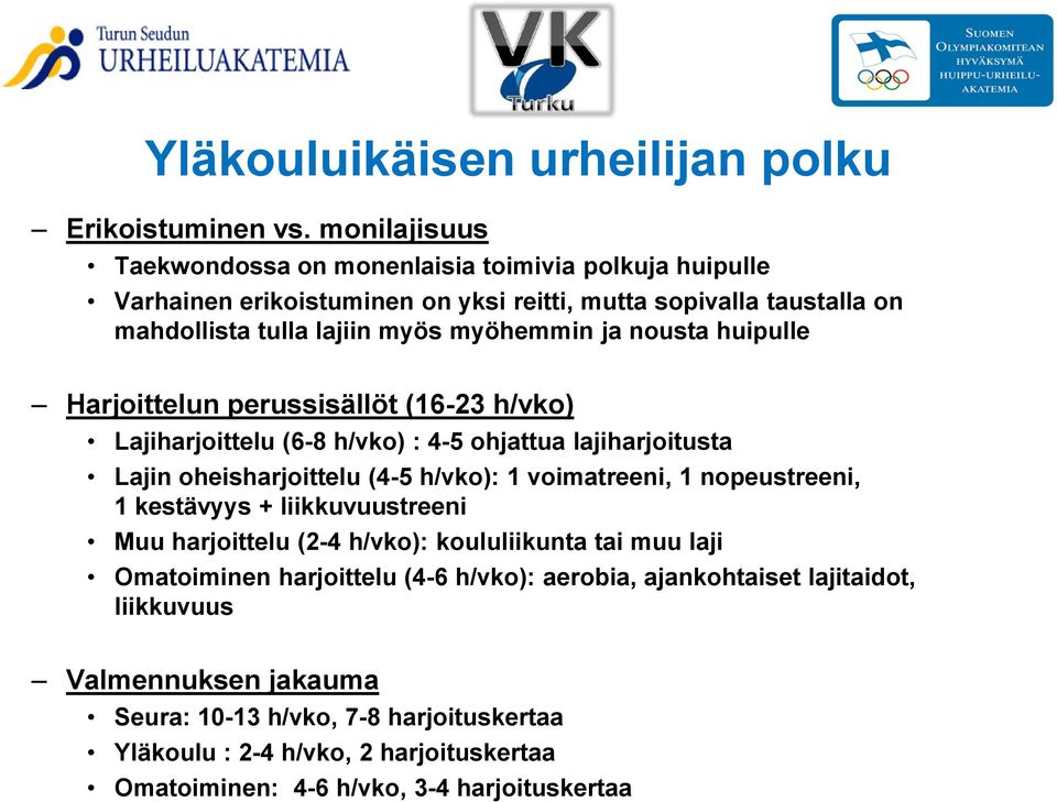 nousta huipulle Harjoittelun perussisällöt (16-23 h/vko) Lajiharjoittelu (6-8 h/vko) : 4-5 ohjattua lajiharjoitusta Lajin oheisharjoittelu (4-5 h/vko): 1 voimatreeni, 1 nopeustreeni,