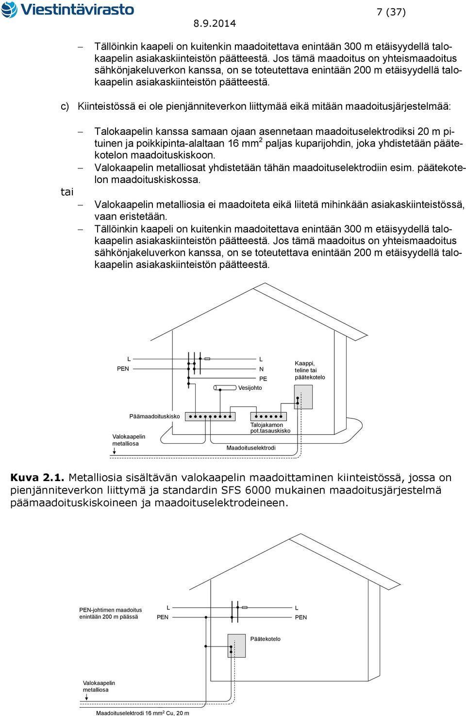 c) Kiinteistössä ei ole pienjänniteverkon liittymää eikä mitään maadoitusjärjestelmää: tai Talokaapelin kanssa samaan ojaan asennetaan maadoituselektrodiksi 20 m pituinen ja poikkipinta-alaltaan 16