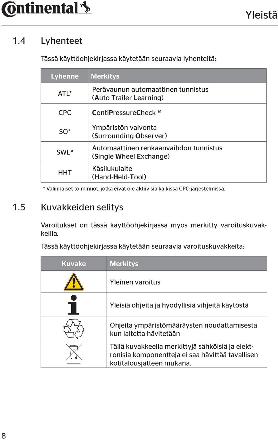 valvonta (Surrounding Observer) Automaattinen renkaanvaihdon tunnistus (Single Wheel Exchange) Käsilukulaite (Hand-Held-Tool) * Valinnaiset toiminnot, jotka eivät ole aktiivisia kaikissa