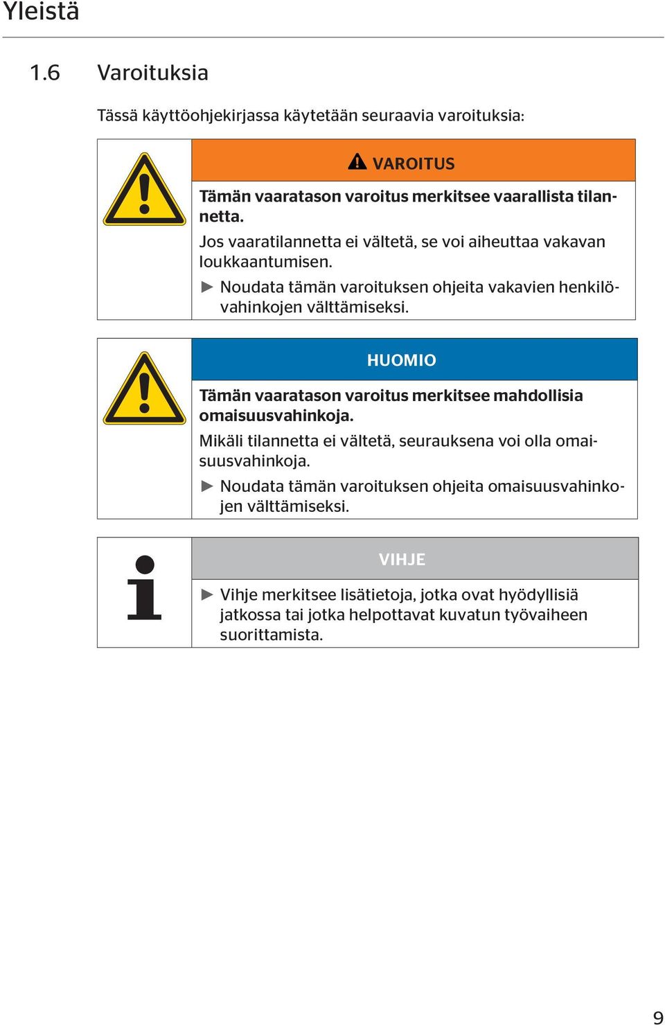 HUOMIO Tämän vaaratason varoitus merkitsee mahdollisia omaisuusvahinkoja. Mikäli tilannetta ei vältetä, seurauksena voi olla omaisuusvahinkoja.