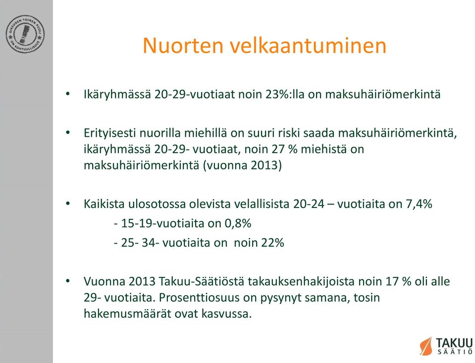 ulosotossa olevista velallisista 20-24 vuotiaita on 7,4% - 15-19-vuotiaita on 0,8% - 25-34- vuotiaita on noin 22% Vuonna 2013