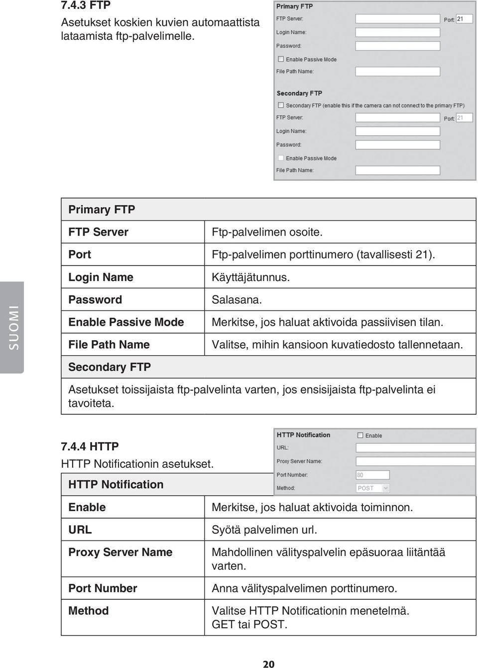 Asetukset toissijaista ftp-palvelinta varten, jos ensisijaista ftp-palvelinta ei tavoiteta. 7.4.4 HTTP HTTP Notificationin asetukset.