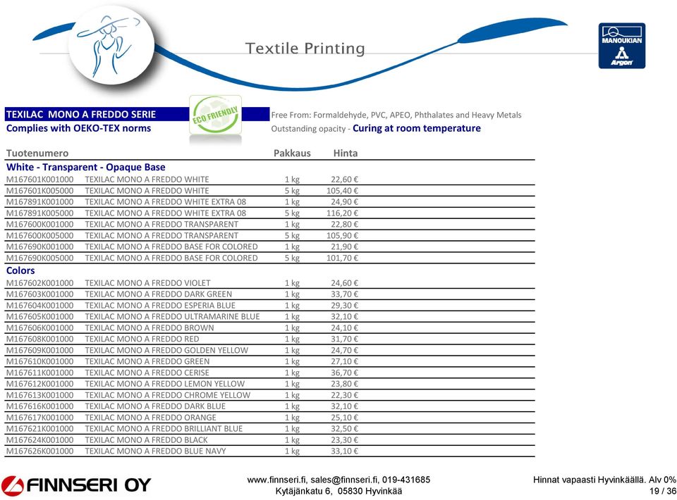 EXTRA 08 1 kg 24,90 24,9 8,868 14,78 M167891K005000 TEXILAC MONO A FREDDO WHITE EXTRA 08 5 kg 116,20 116,2 41,49 13,83 M167600K001000 TEXILAC MONO A FREDDO TRANSPARENT 1 kg 22,80 22,8 8,13 13,55